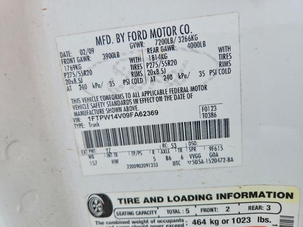 2009 Ford F150 Supercrew White vin: 1FTPW14V09FA62369