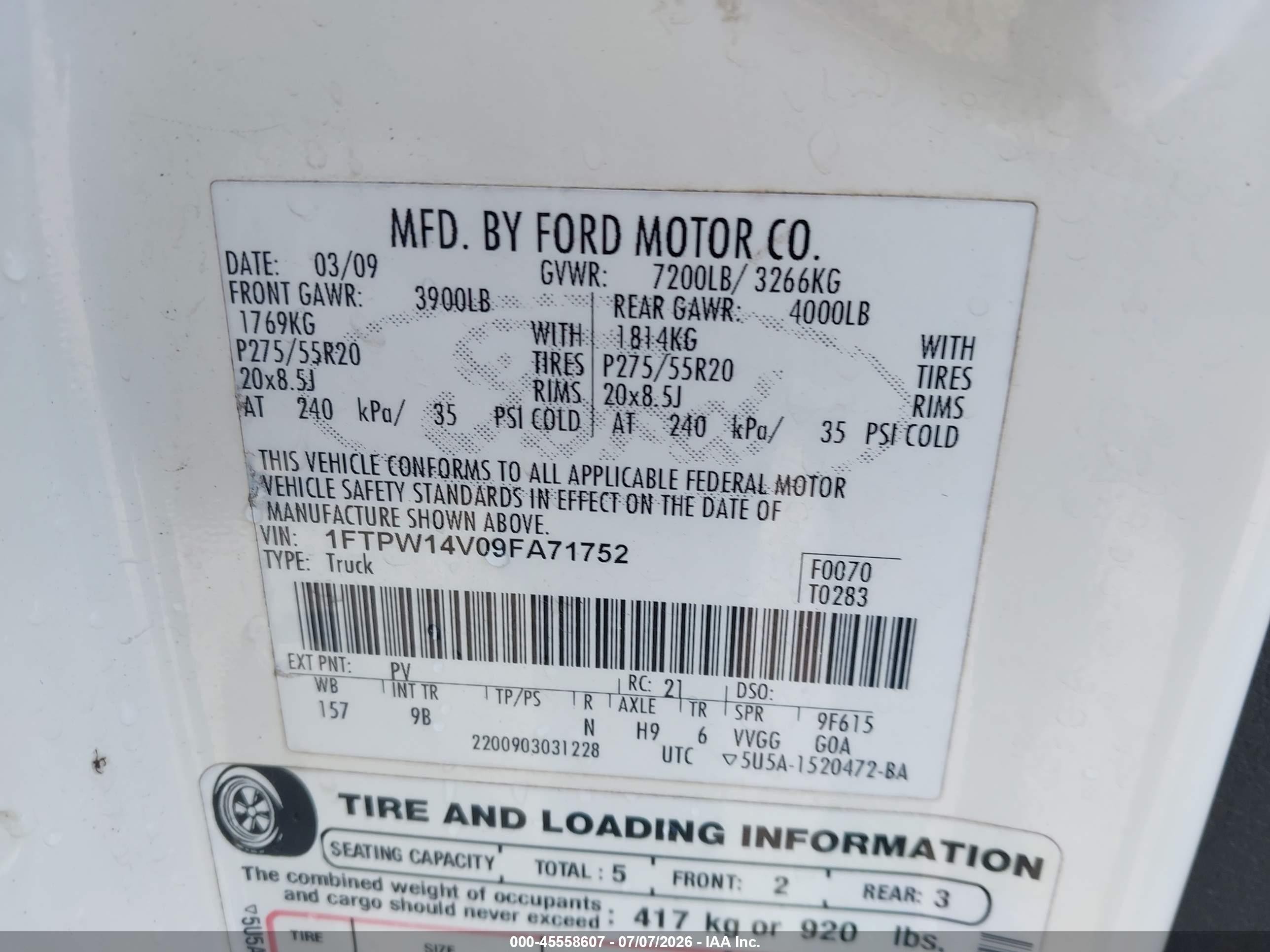 2009 Ford F-150 Platinum White vin: 1FTPW14V09FA71752