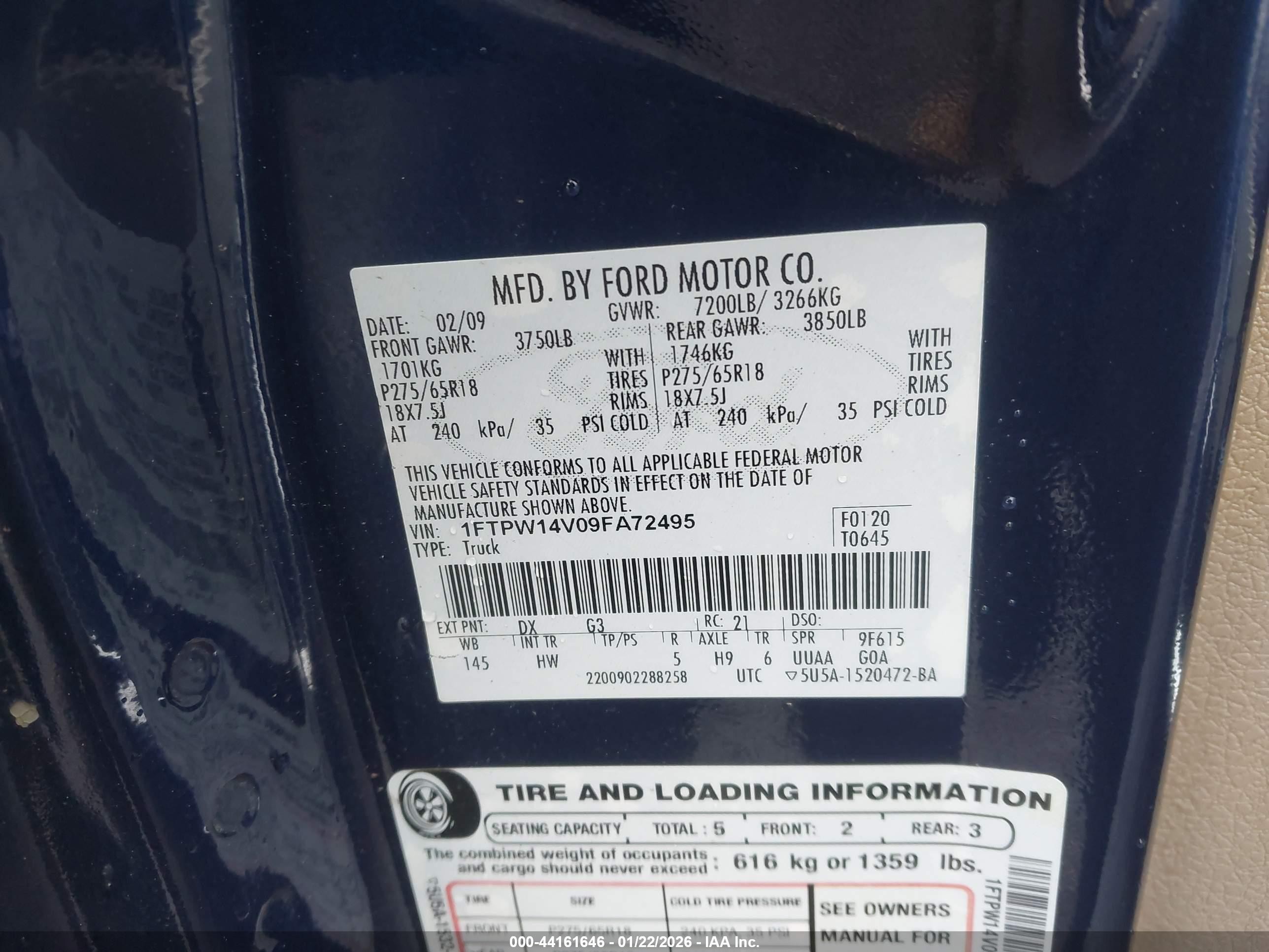 2009 Ford F-150 Fx4/lariat/xl/xlt Blue vin: 1FTPW14V09FA72495