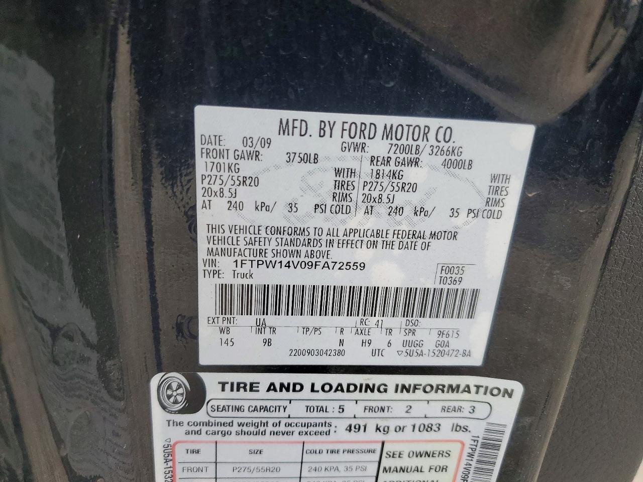 2009 Ford F150 Supercrew Black vin: 1FTPW14V09FA72559