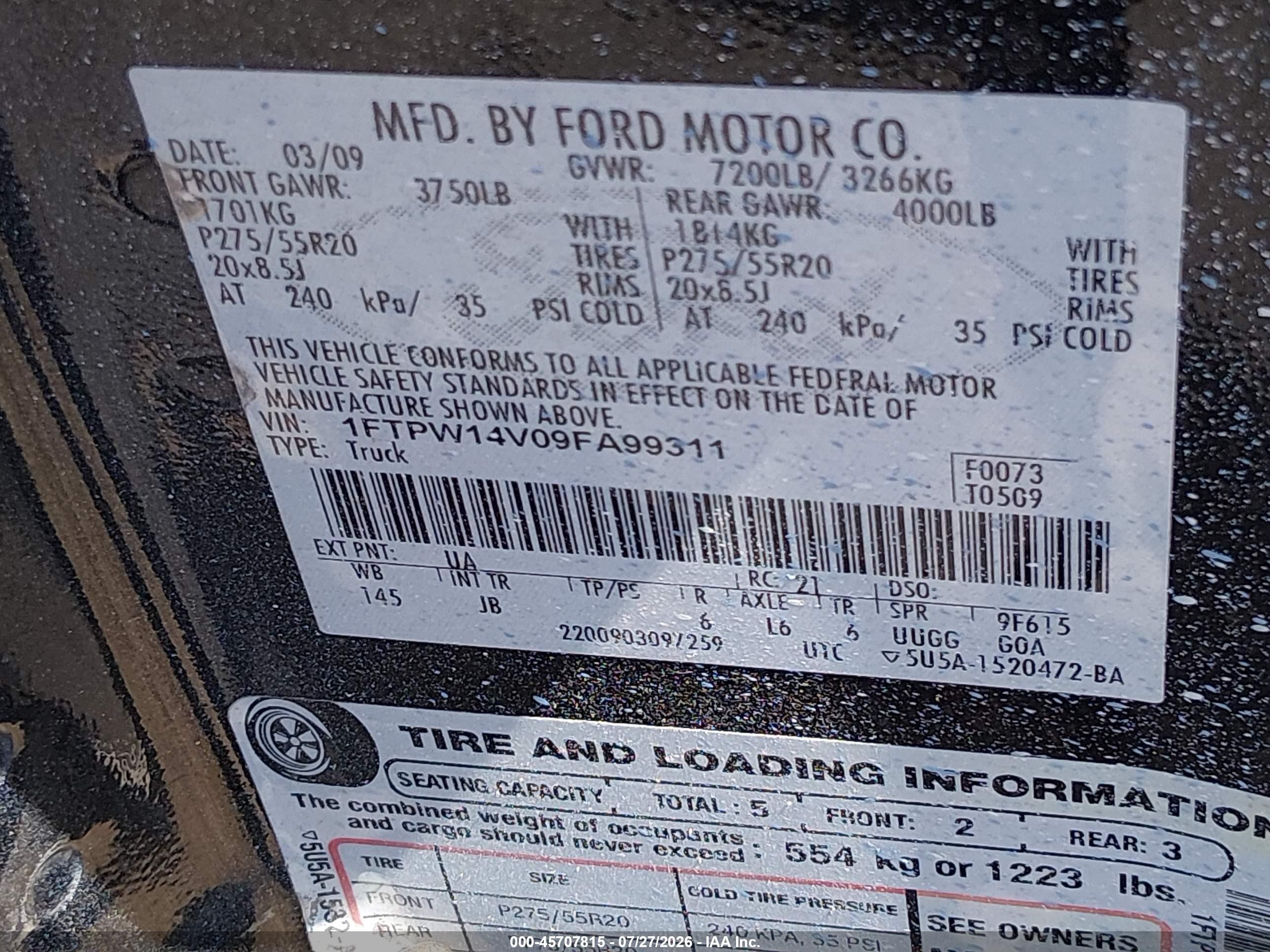 2009 Ford F-150 Fx4/king Ranch/lariat/platinum/xl/xlt Синий vin: 1FTPW14V09FA99311
