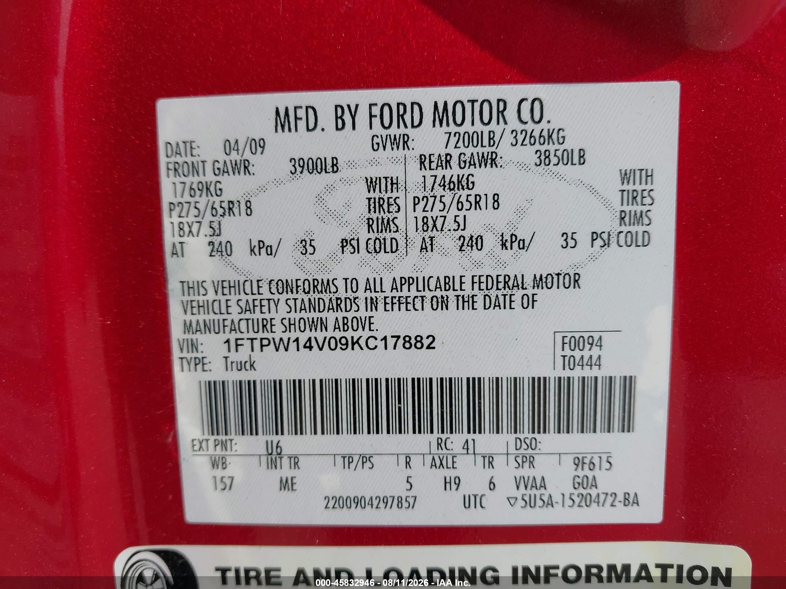 2009 Ford F-150 Fx4/king Ranch/lariat/platinum/xl/xlt Red vin: 1FTPW14V09KC17882