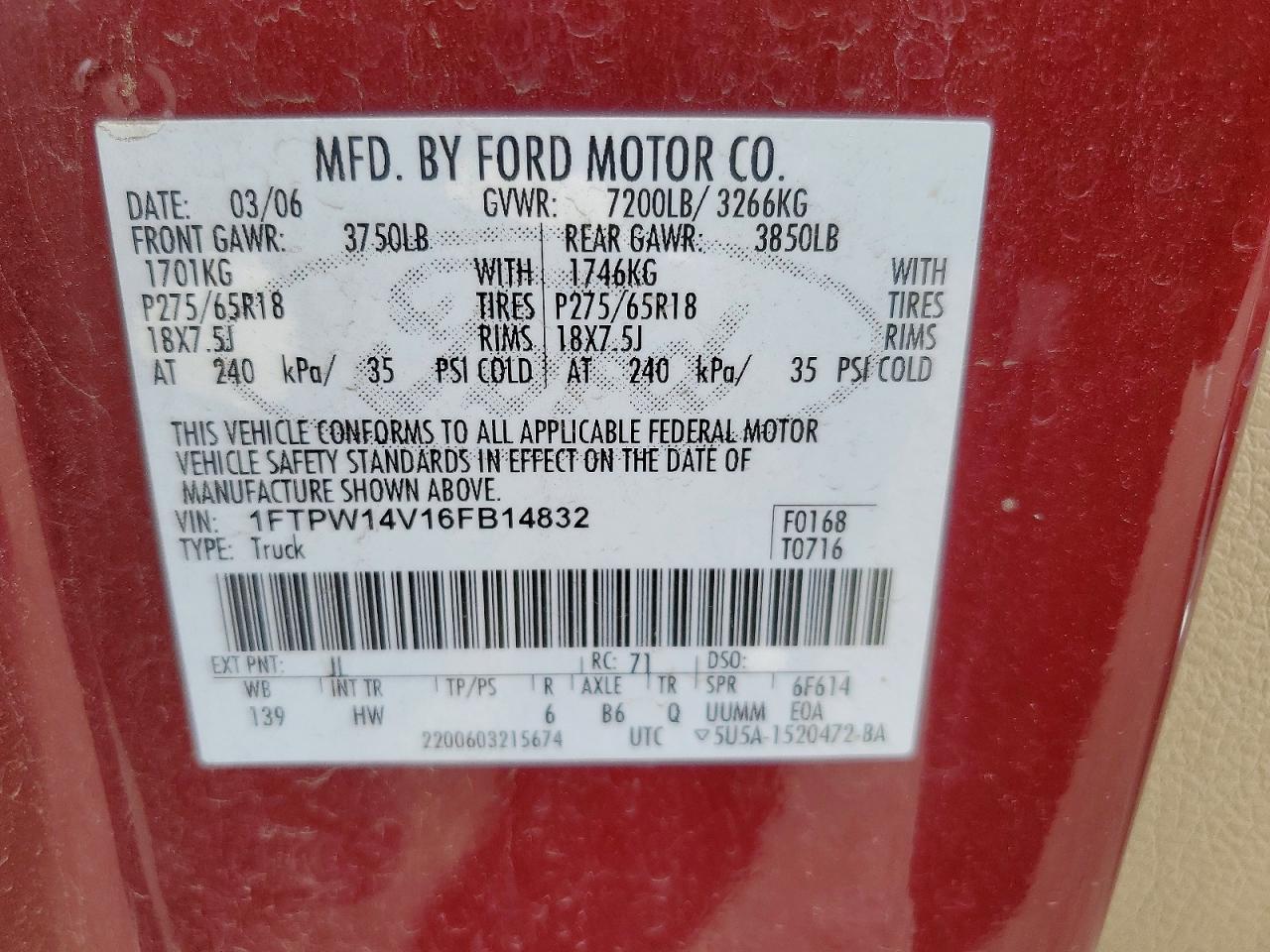 2006 Ford F150 Supercrew Maroon vin: 1FTPW14V16FB14832