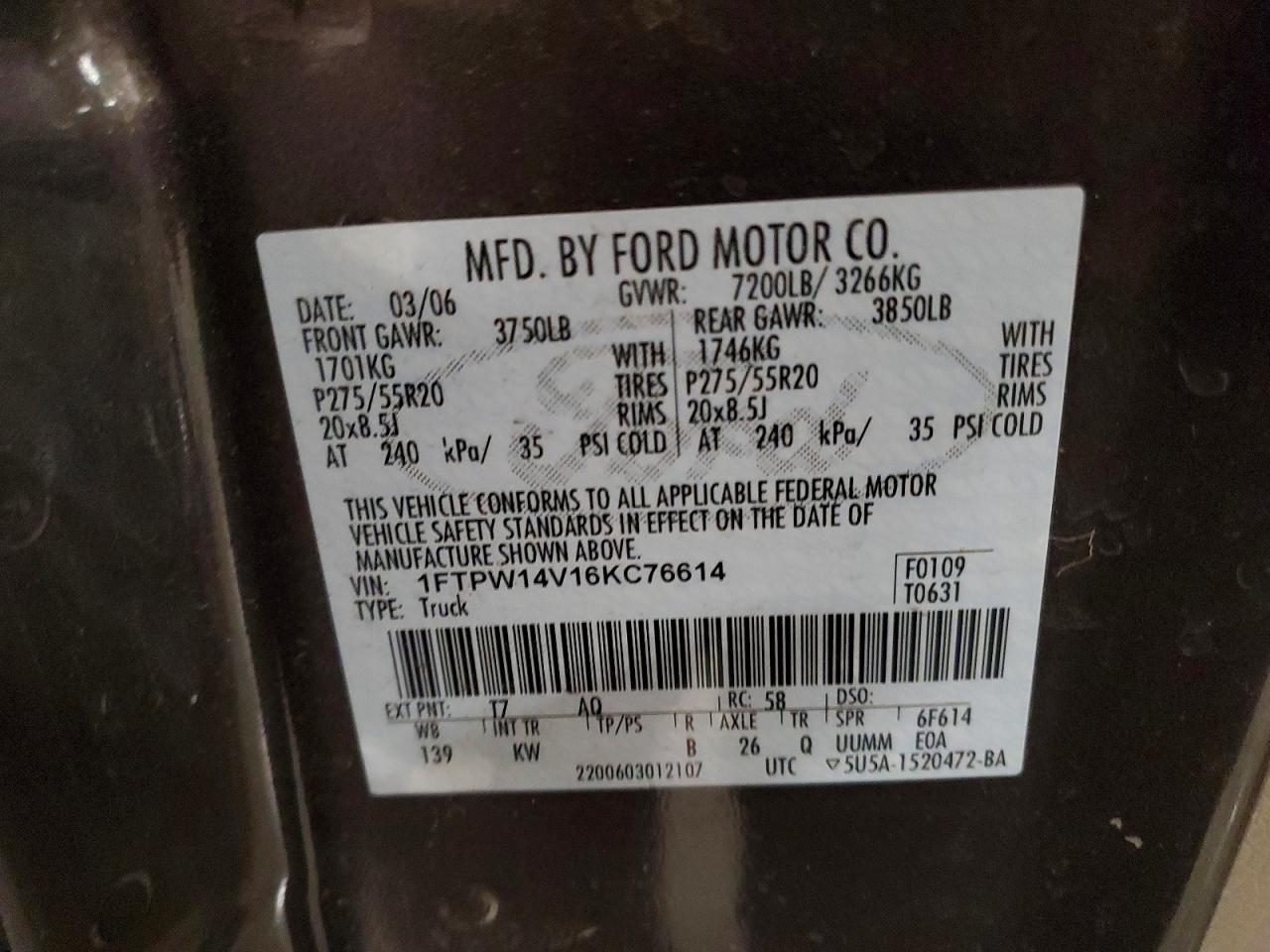 2006 Ford F150 Supercrew Brown vin: 1FTPW14V16KC76614