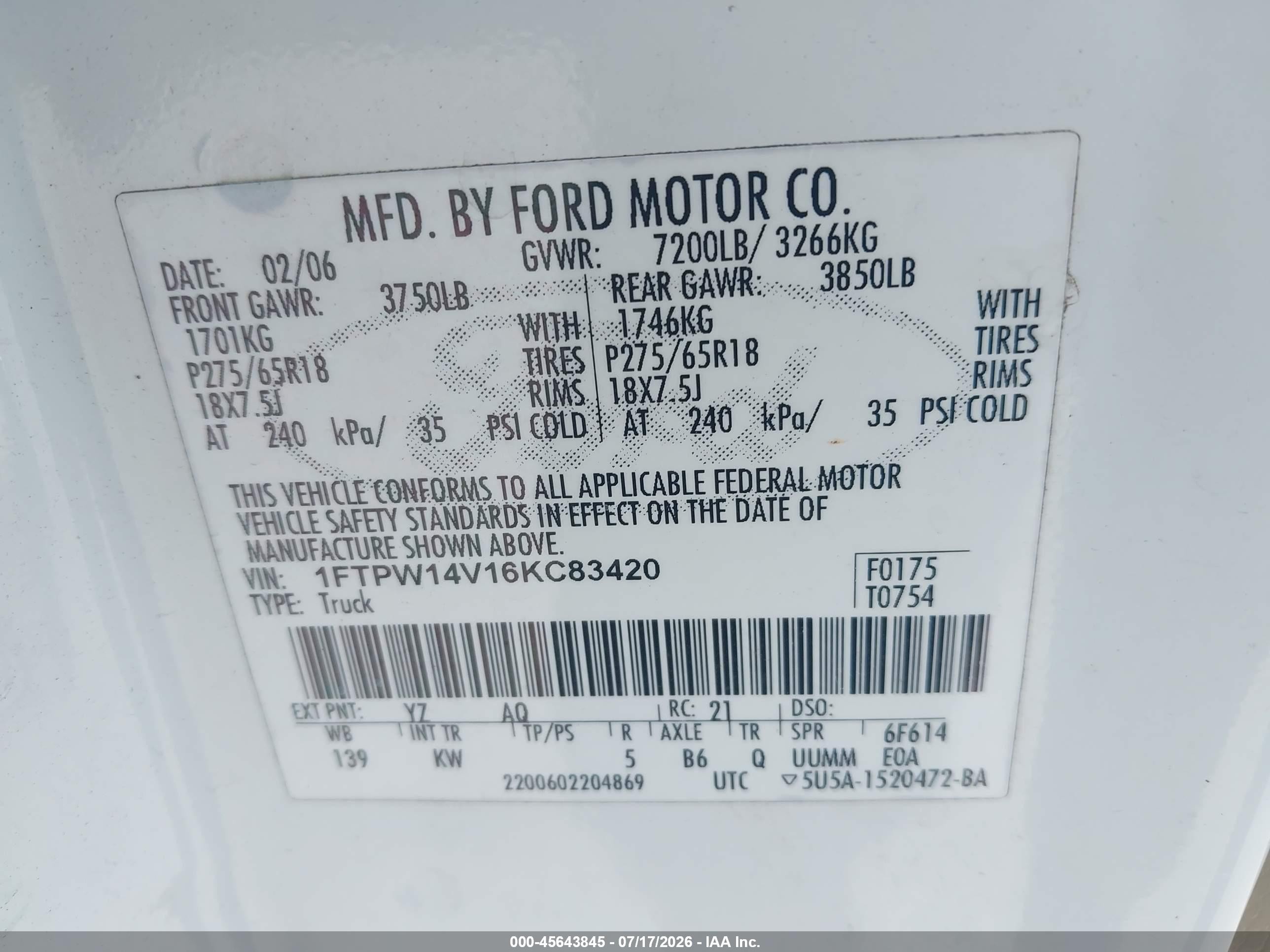 2006 Ford F-150 Fx4/lariat/xlt White vin: 1FTPW14V16KC83420