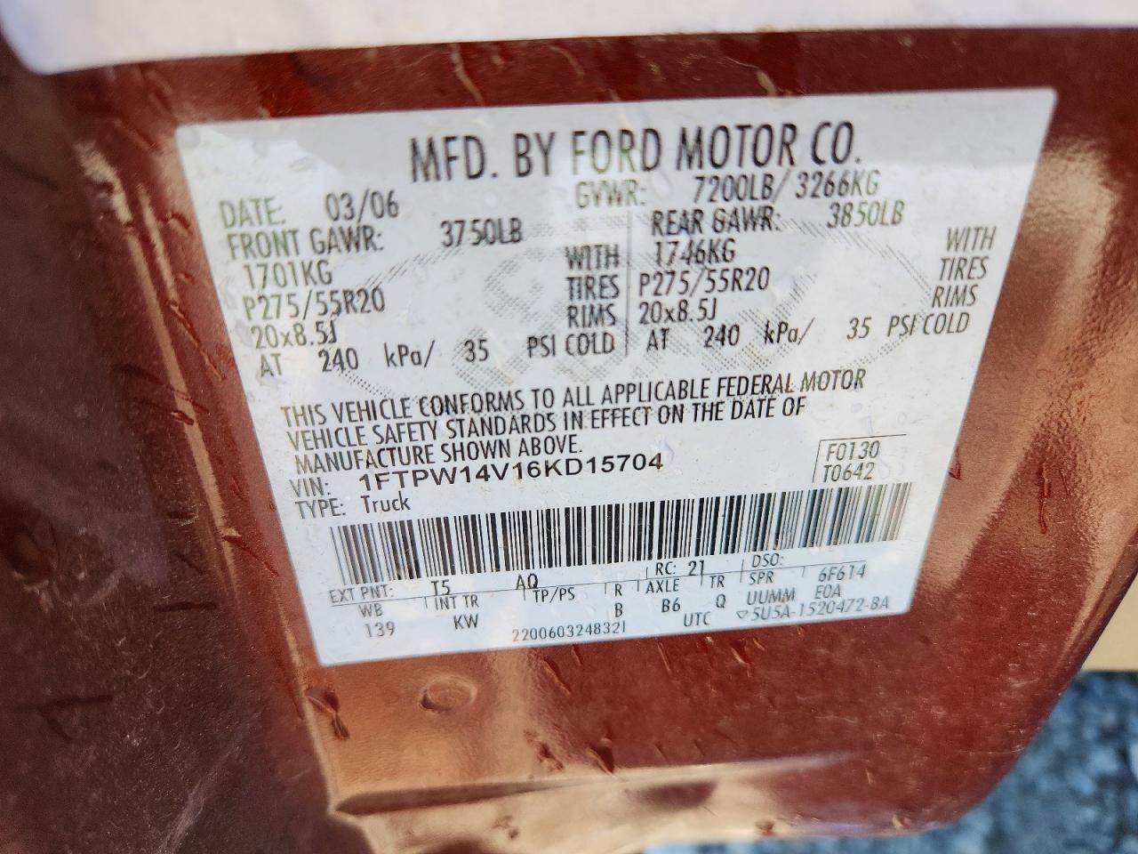 2006 Ford F150 Supercrew Maroon vin: 1FTPW14V16KD15704