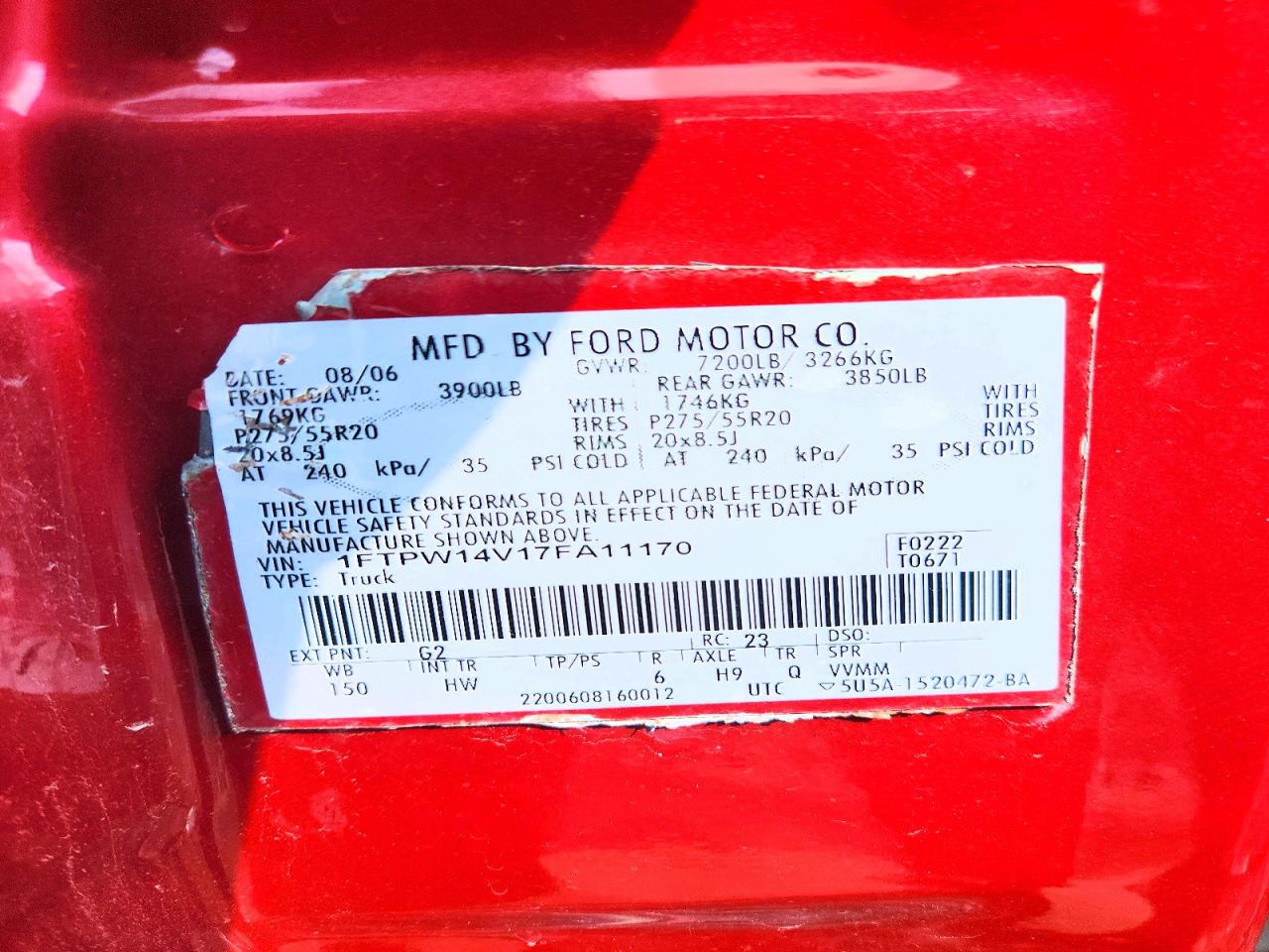 2007 Ford F150 Supercrew Red vin: 1FTPW14V17FA11170