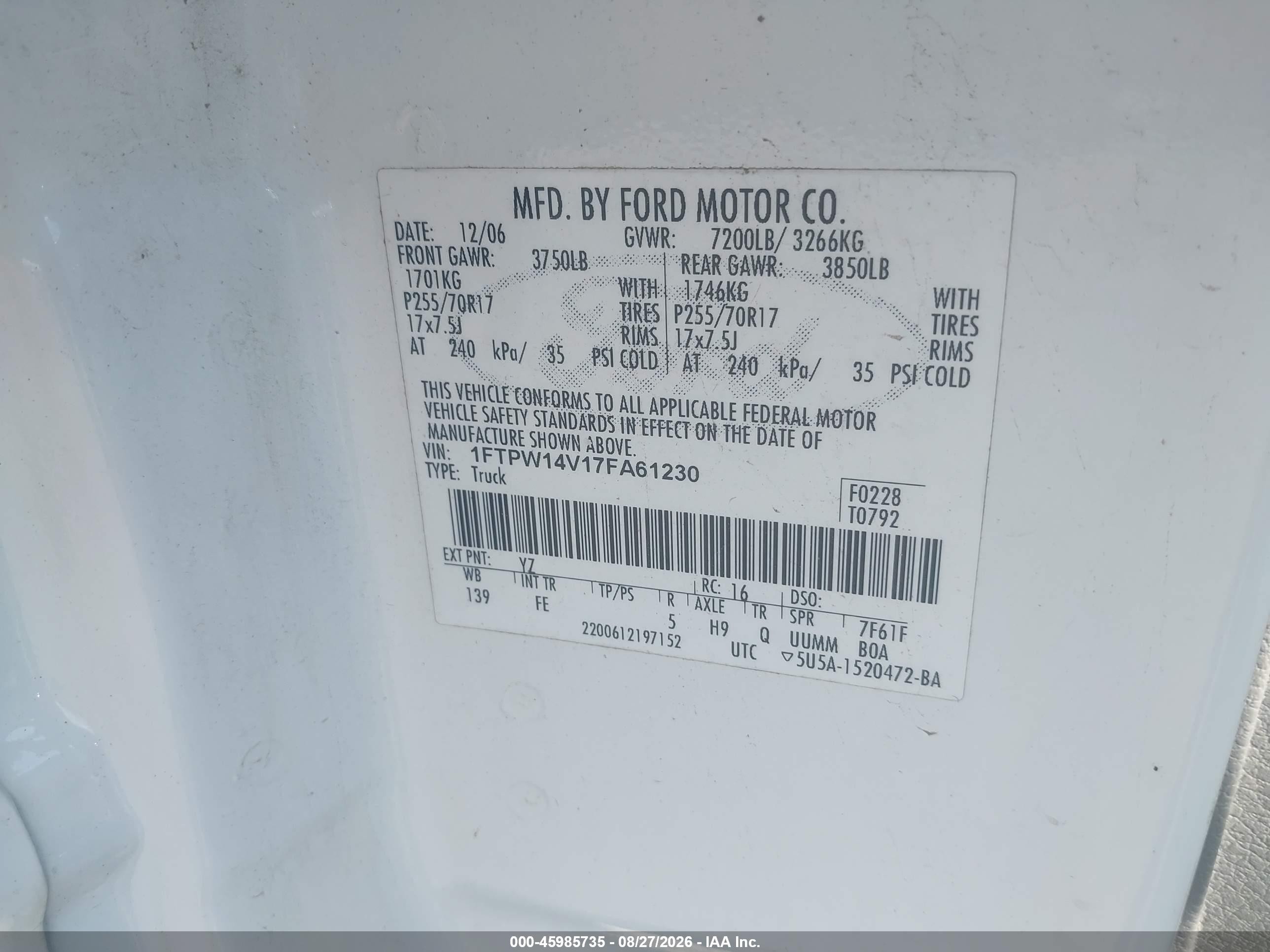 2007 Ford F-150   White vin: 1FTPW14V17FA61230