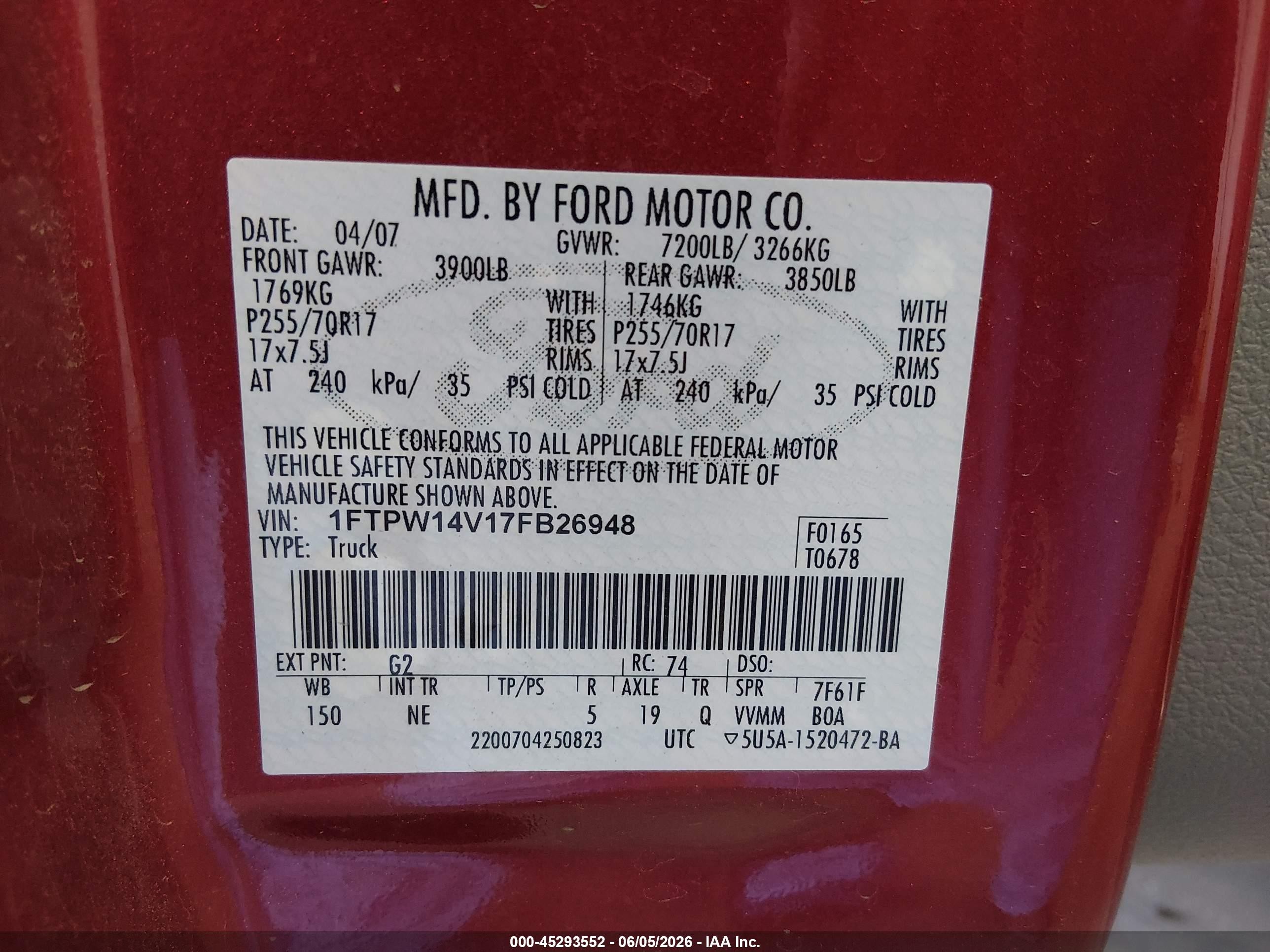 2007 Ford F-150 Red vin: 1FTPW14V17FB26948