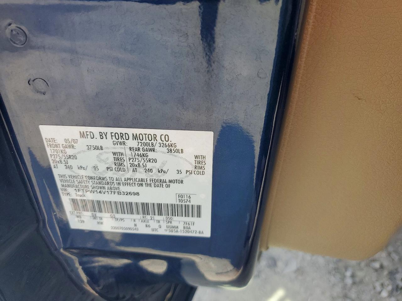 2007 Ford F150 Supercrew Blue vin: 1FTPW14V17FB32698
