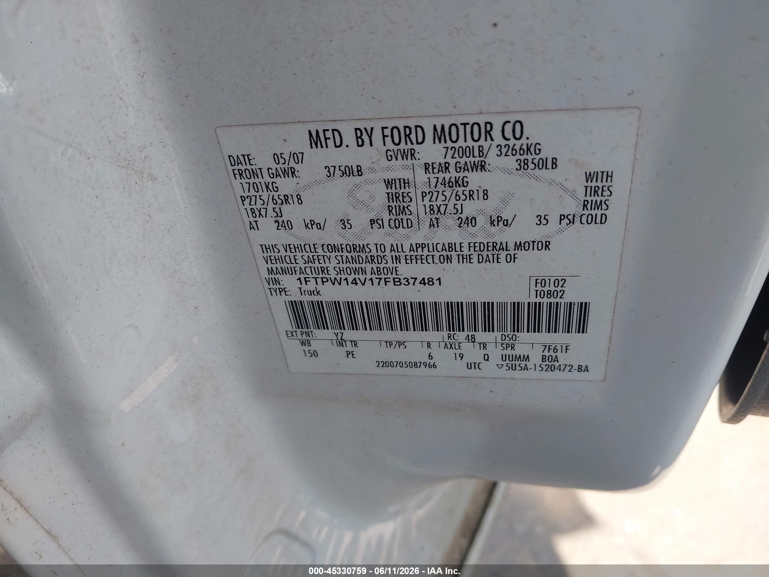 2007 Ford F-150 Fx4/lariat/xlt White vin: 1FTPW14V17FB37481