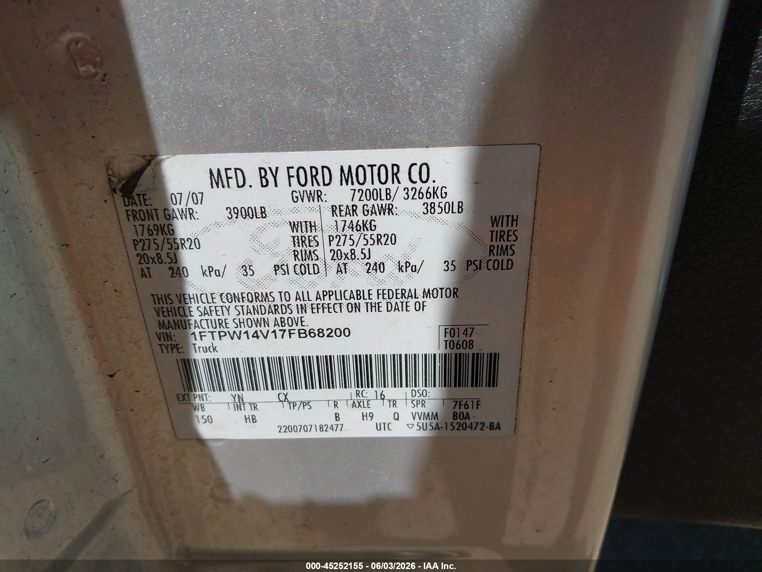 2007 Ford F-150 Fx4/lariat/xlt Gray vin: 1FTPW14V17FB68200
