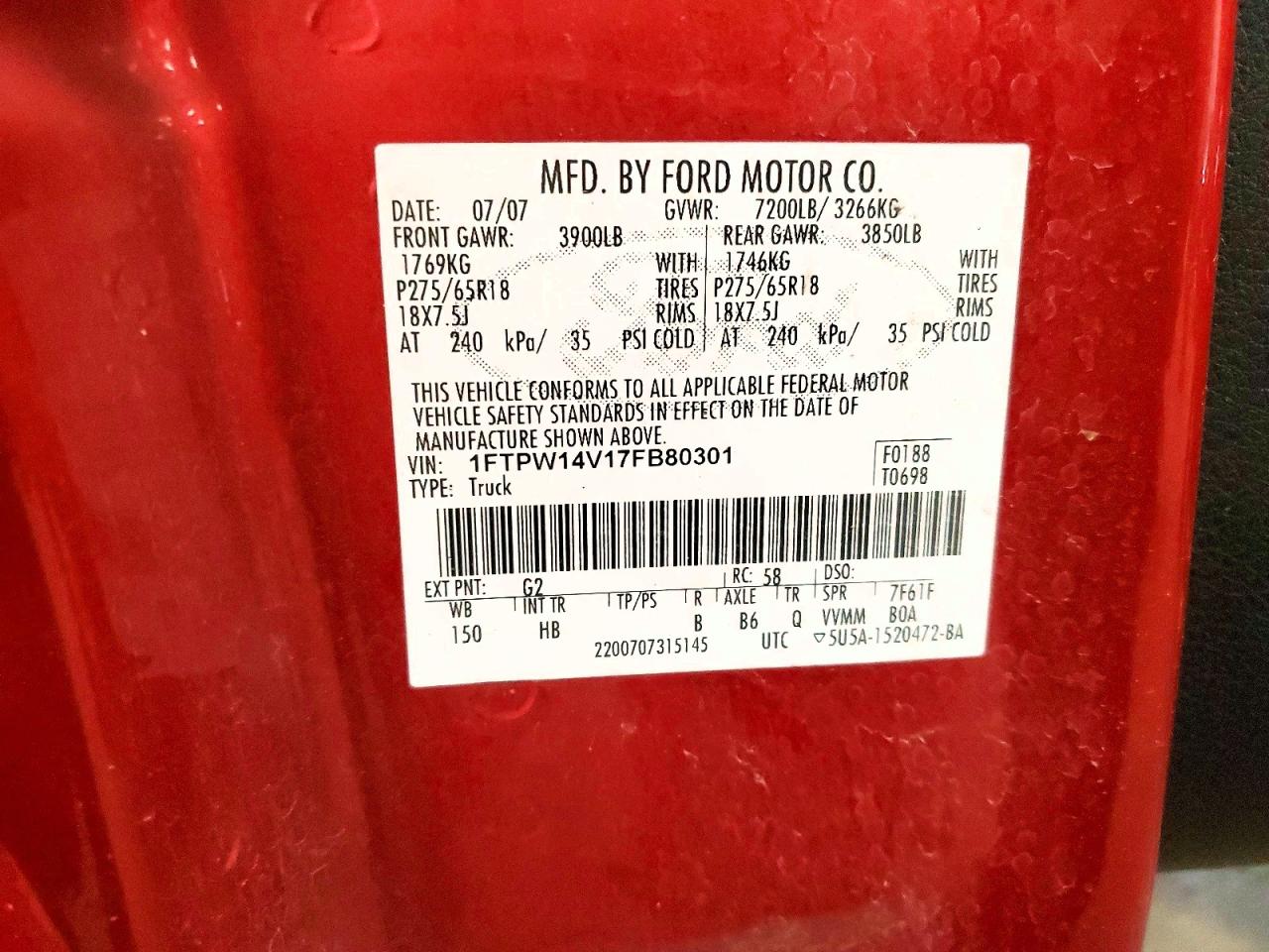 2007 Ford F150 Supercrew Red vin: 1FTPW14V17FB80301