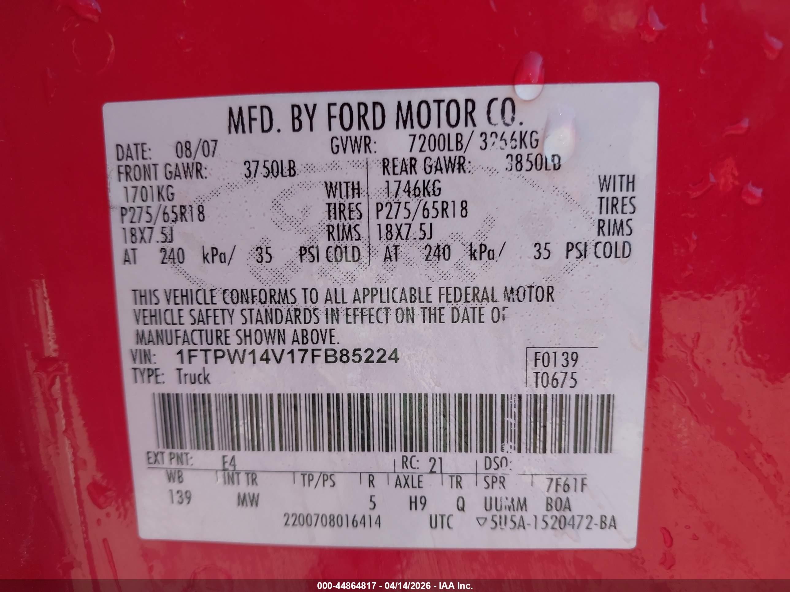 2007 Ford F-150 Fx4/lariat/xlt Red vin: 1FTPW14V17FB85224