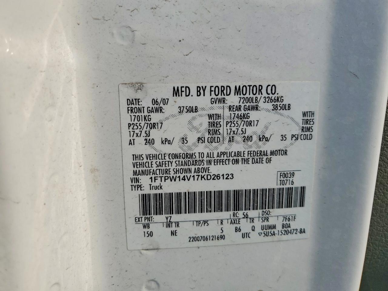2007 Ford F150 Supercrew White vin: 1FTPW14V17KD26123