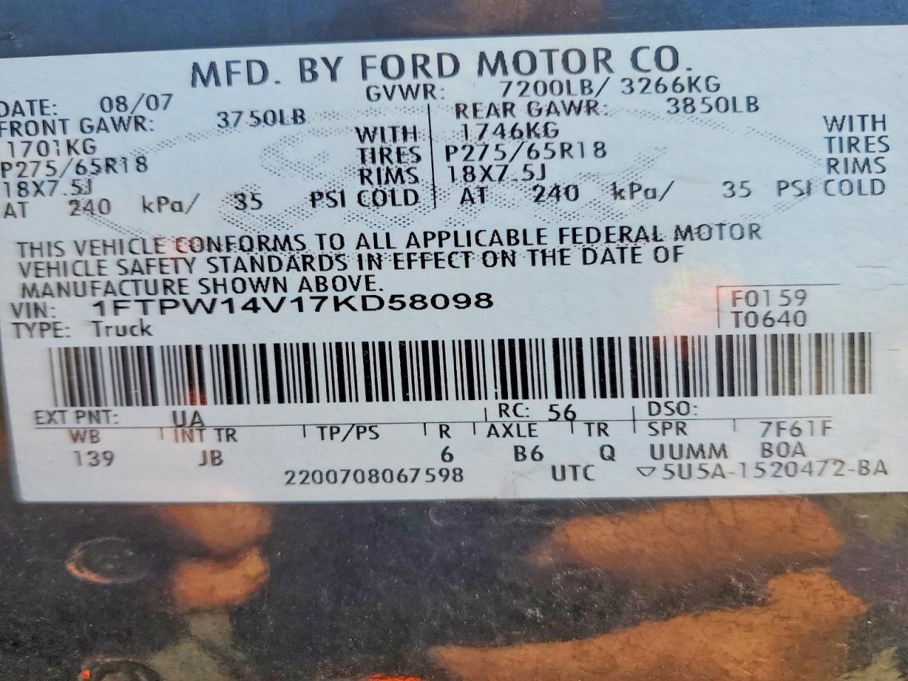 2007 Ford F150 Supercrew Black vin: 1FTPW14V17KD58098