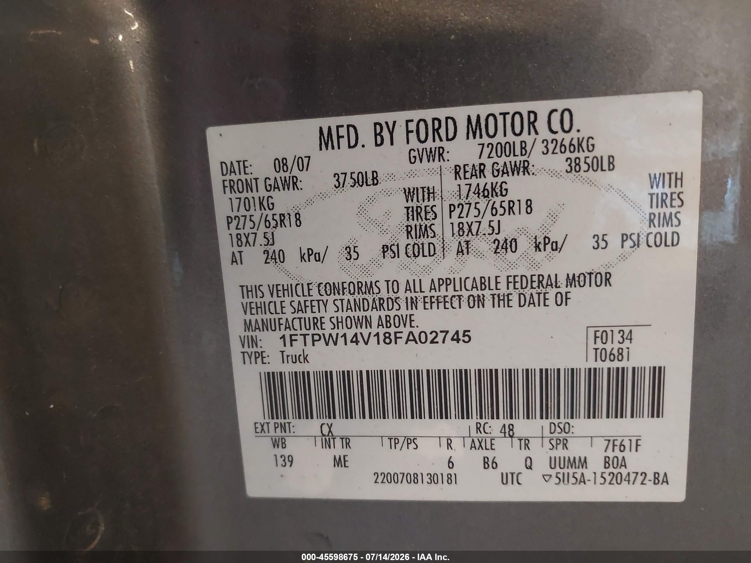 2008 Ford F-150 60th Anniversary/fx4/king Ranch/lariat/xlt Gray vin: 1FTPW14V18FA02745