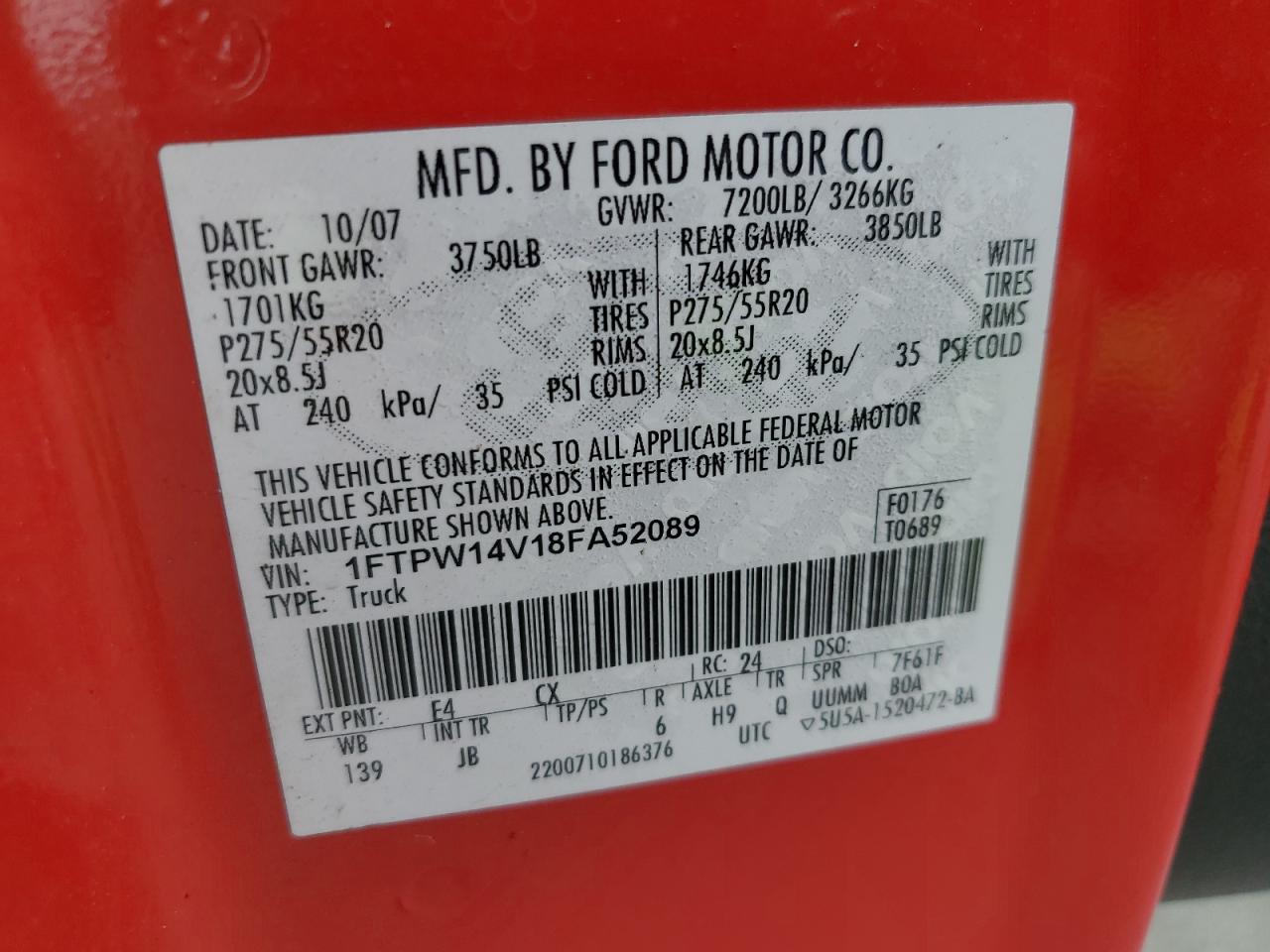 2008 Ford F150 Supercrew Red vin: 1FTPW14V18FA52089