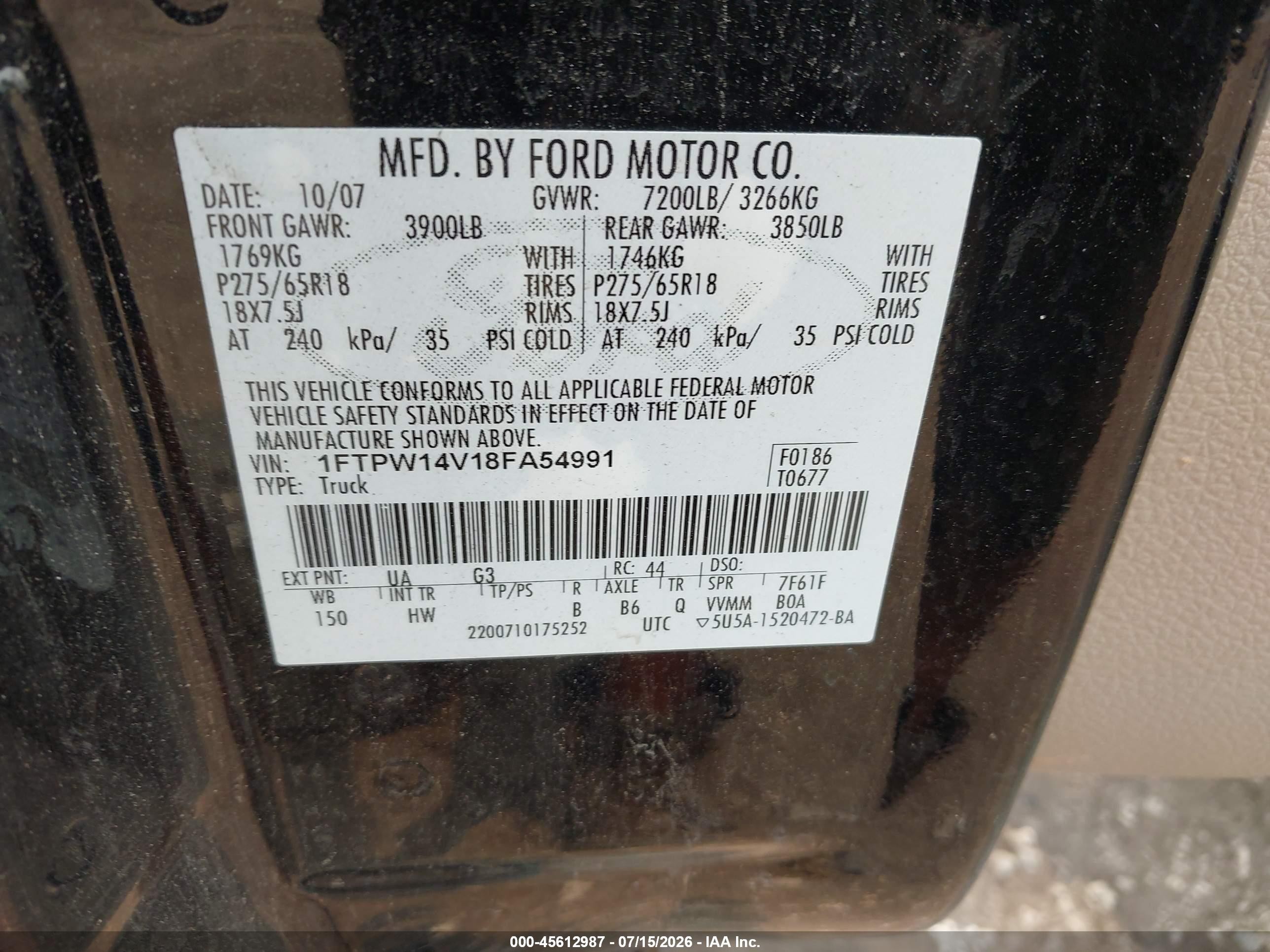 2008 Ford F-150 60th Anniversary/fx4/king Ranch/lariat/xlt Black vin: 1FTPW14V18FA54991