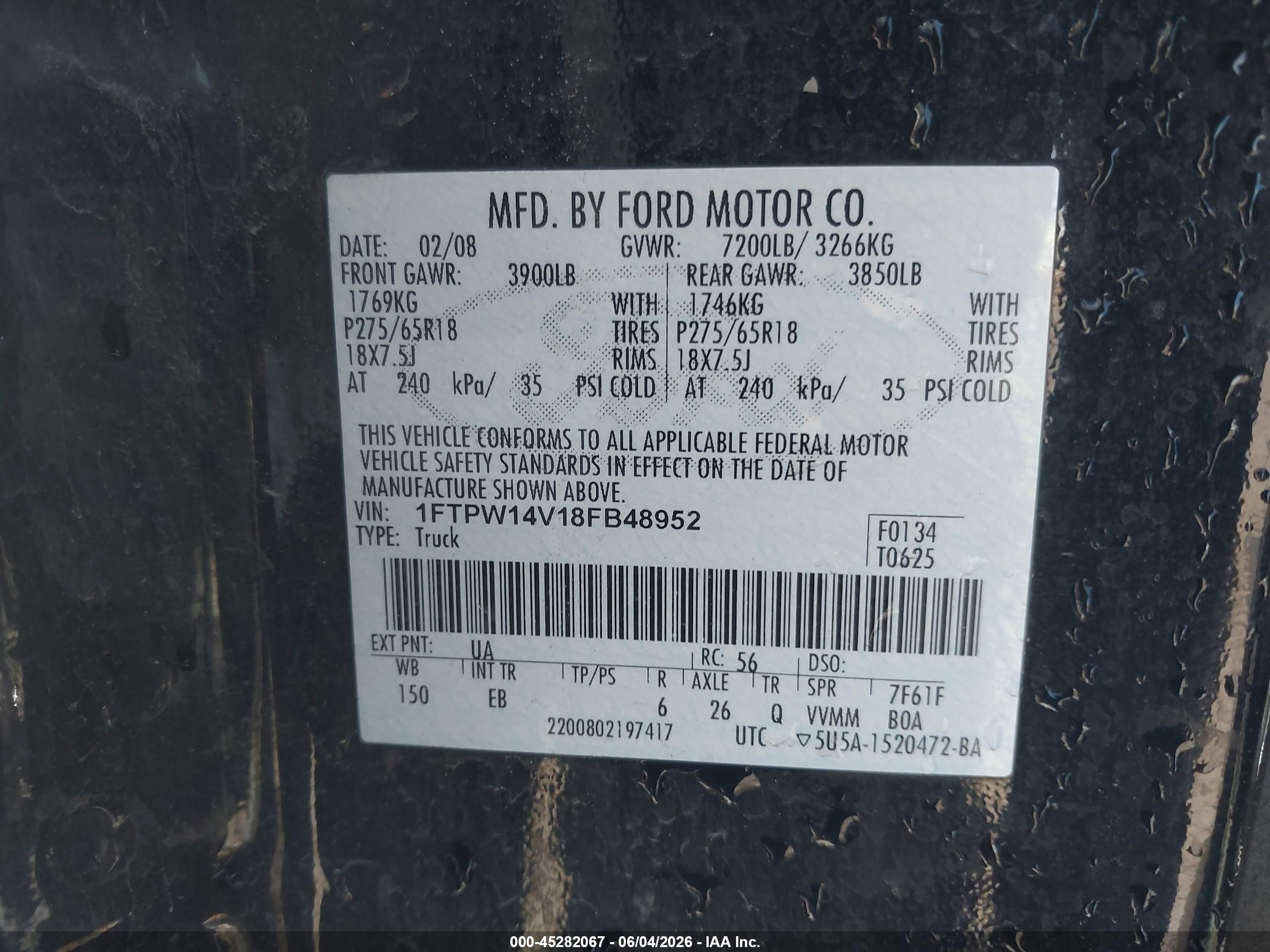2008 Ford F-150 60th Anniversary/fx4/king Ranch/lariat/xlt Black vin: 1FTPW14V18FB48952
