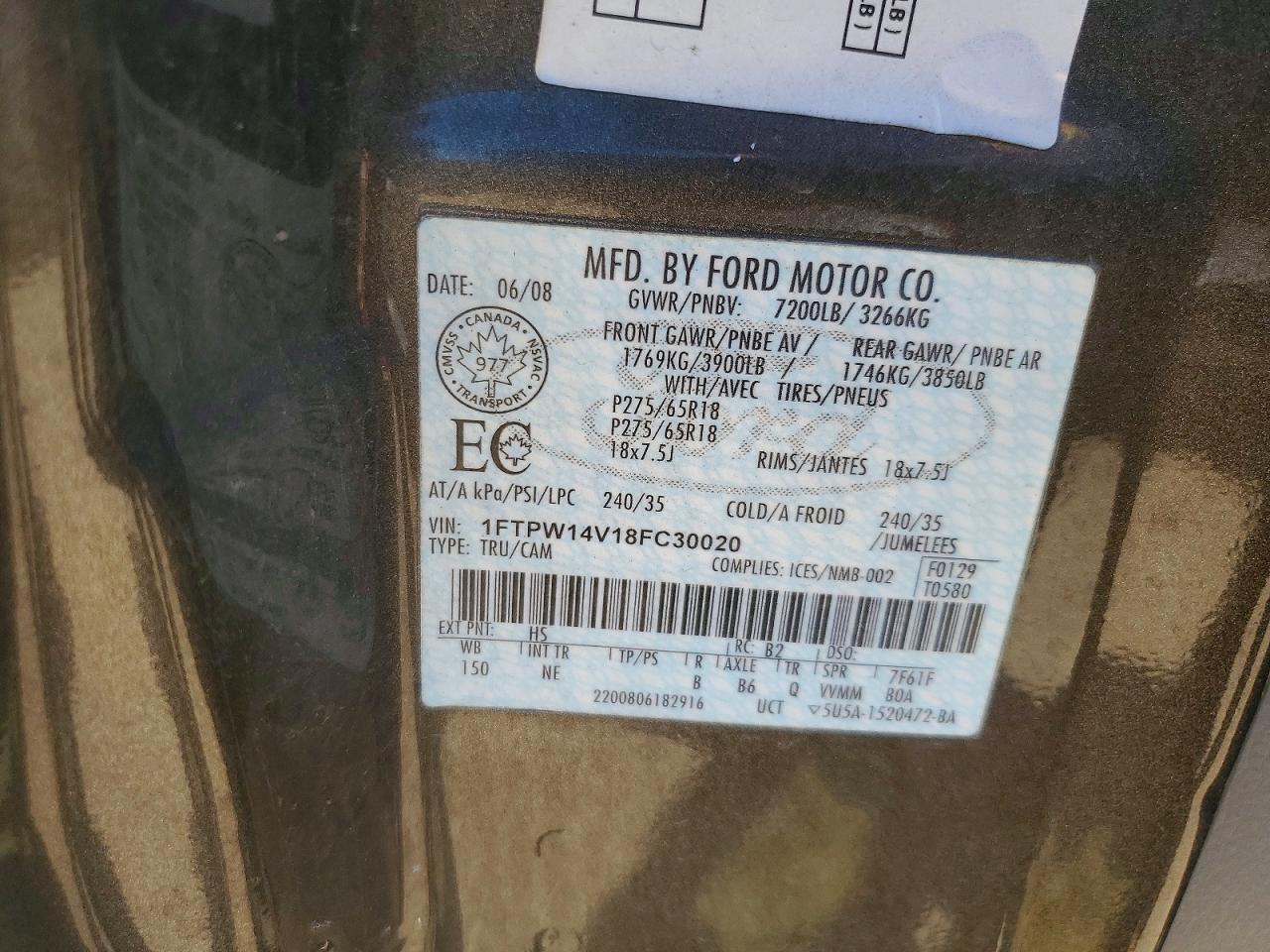 2008 Ford F150 Supercrew Золотой vin: 1FTPW14V18FC30020