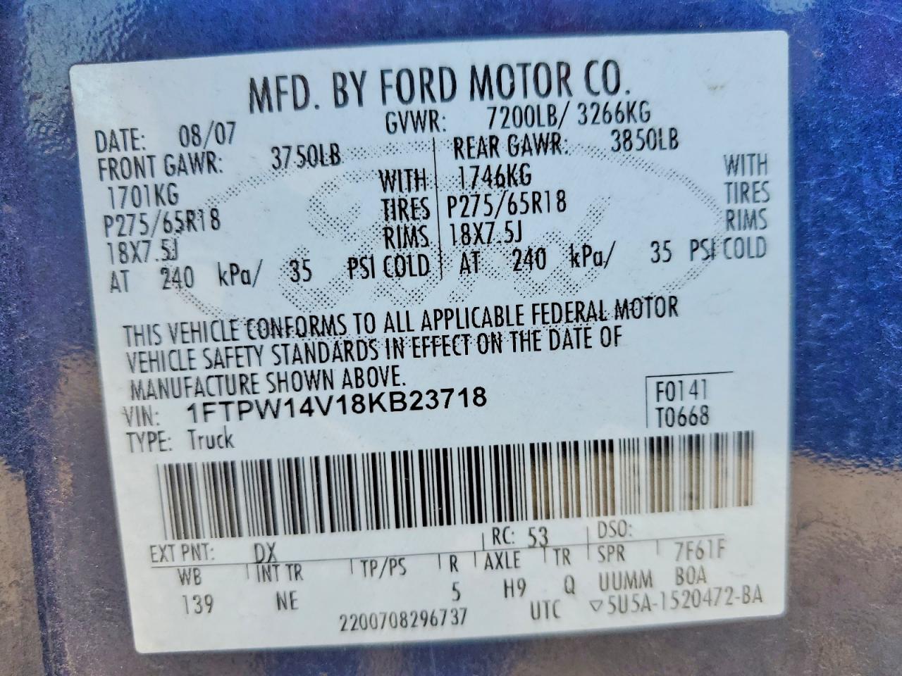 2008 Ford F150 Supercrew Синий vin: 1FTPW14V18KB23718