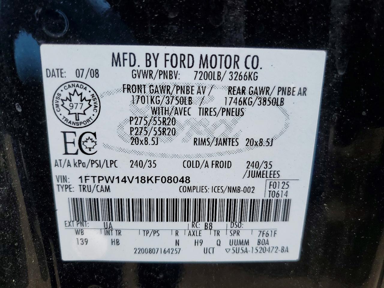 2008 Ford F150 Supercrew Black vin: 1FTPW14V18KF08048