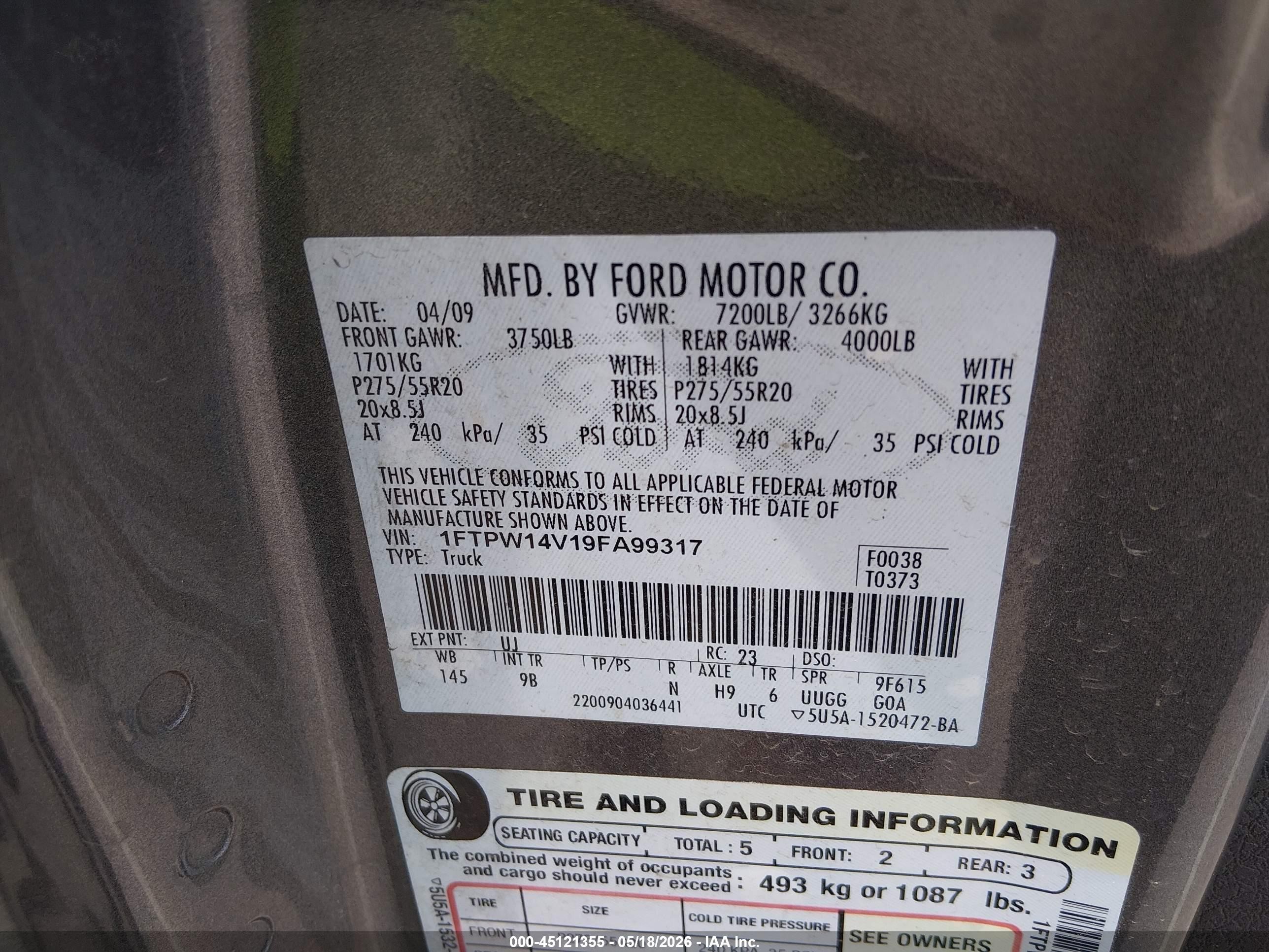 2009 Ford F-150 Fx4/king Ranch/lariat/platinum/xl/xlt Gray vin: 1FTPW14V19FA99317