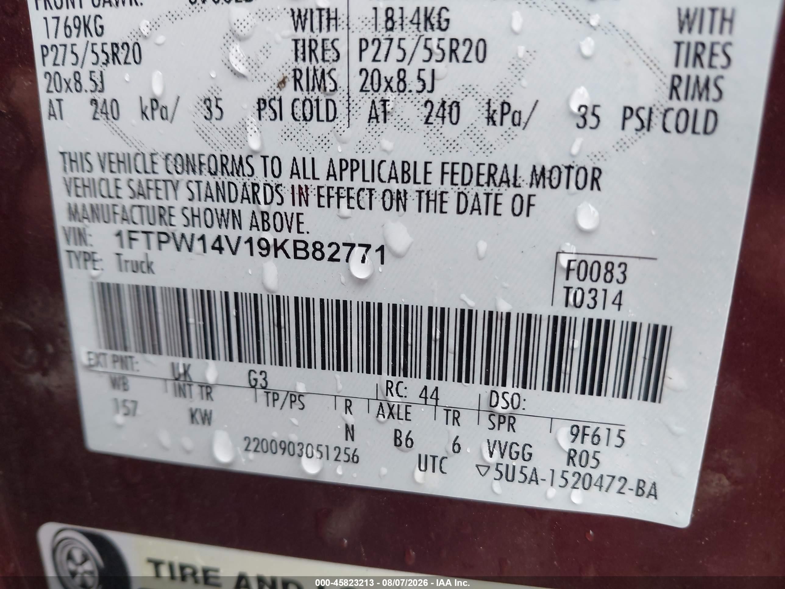 2009 Ford F-150 Fx4/king Ranch/lariat/platinum/xl/xlt Maroon vin: 1FTPW14V19KB82771