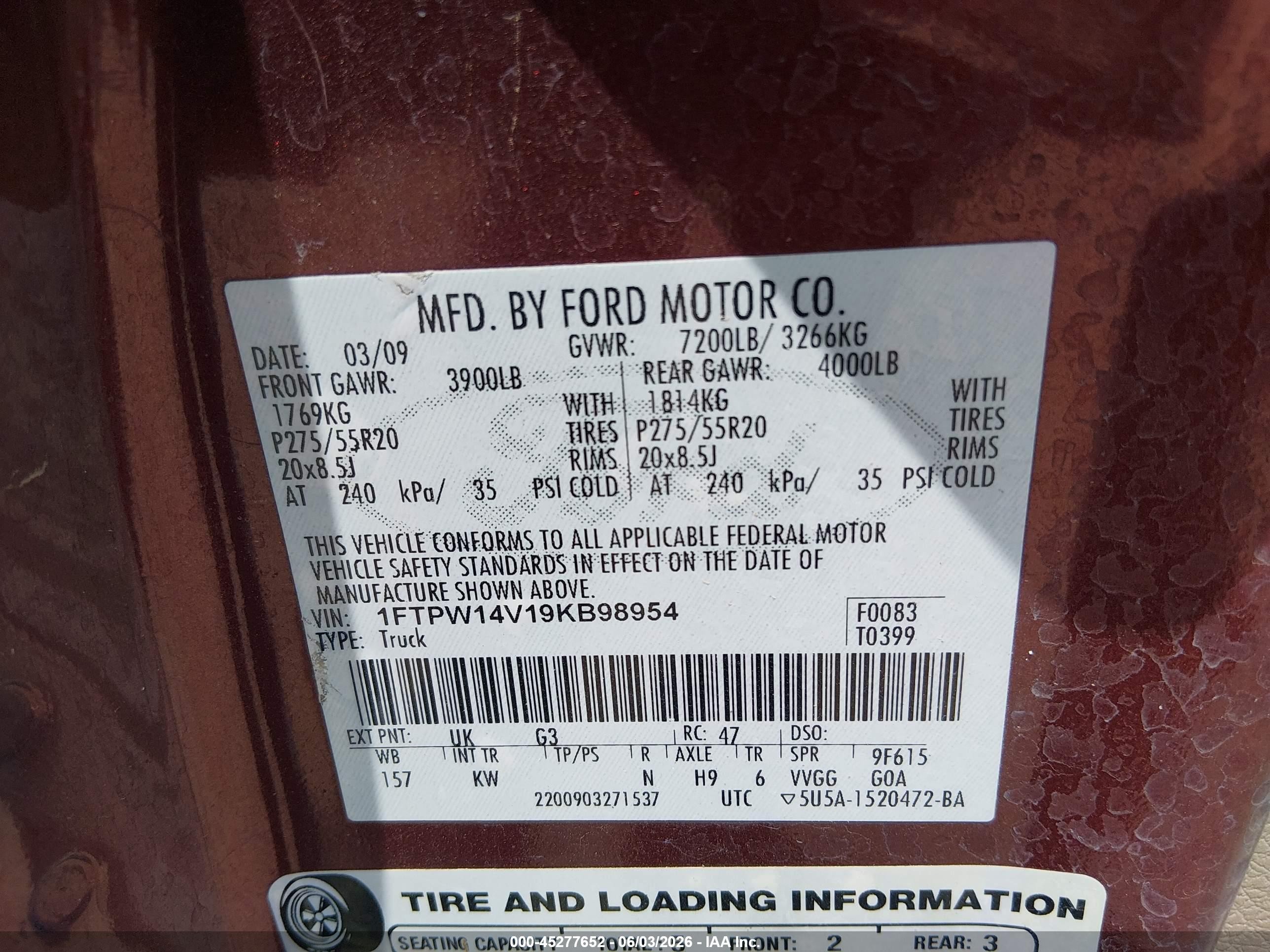 2009 Ford F-150 Fx4/king Ranch/lariat/platinum/xl/xlt Maroon vin: 1FTPW14V19KB98954