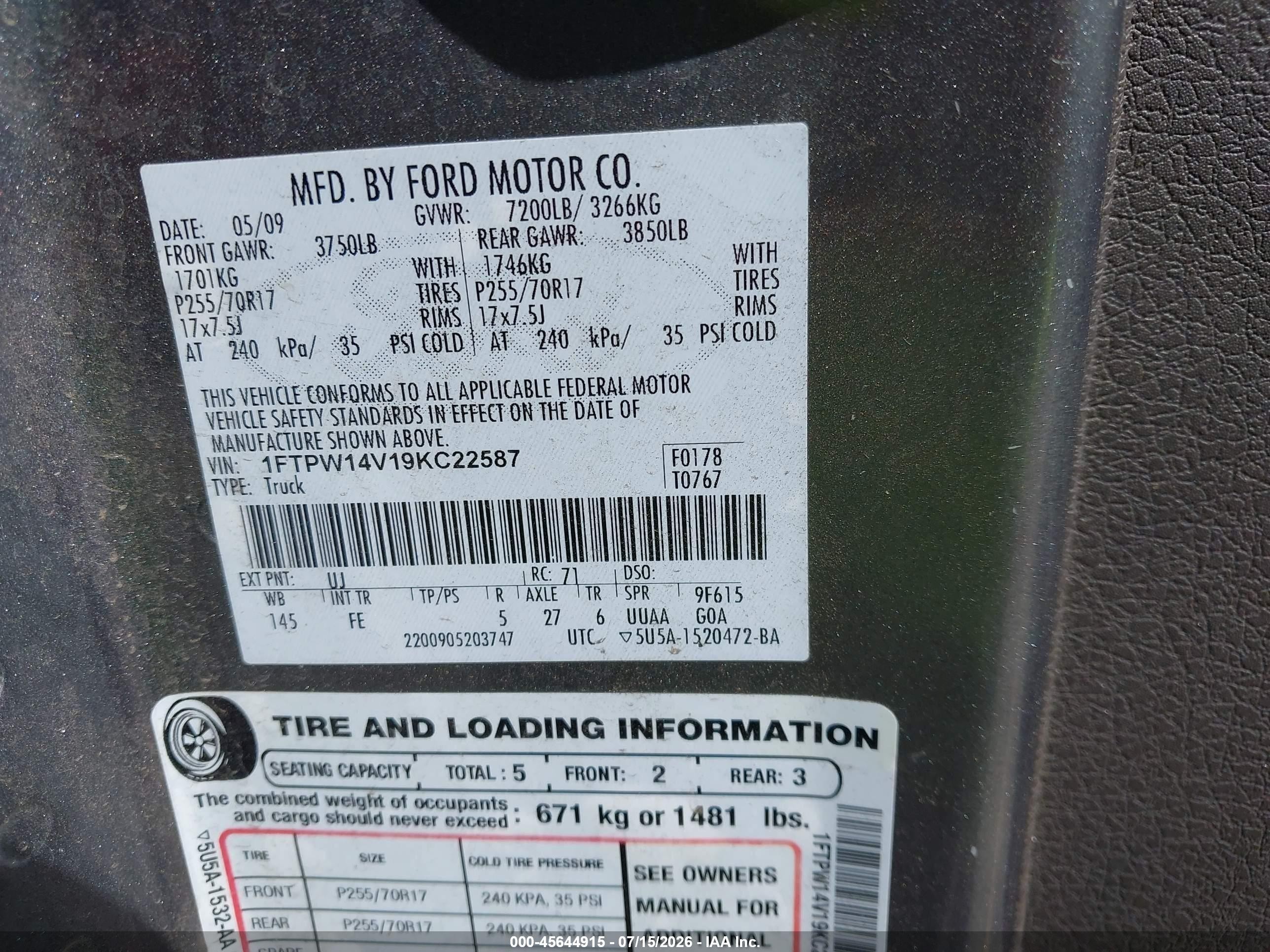 2009 Ford F-150 Fx4/king Ranch/lariat/platinum/xl/xlt Black vin: 1FTPW14V19KC22587