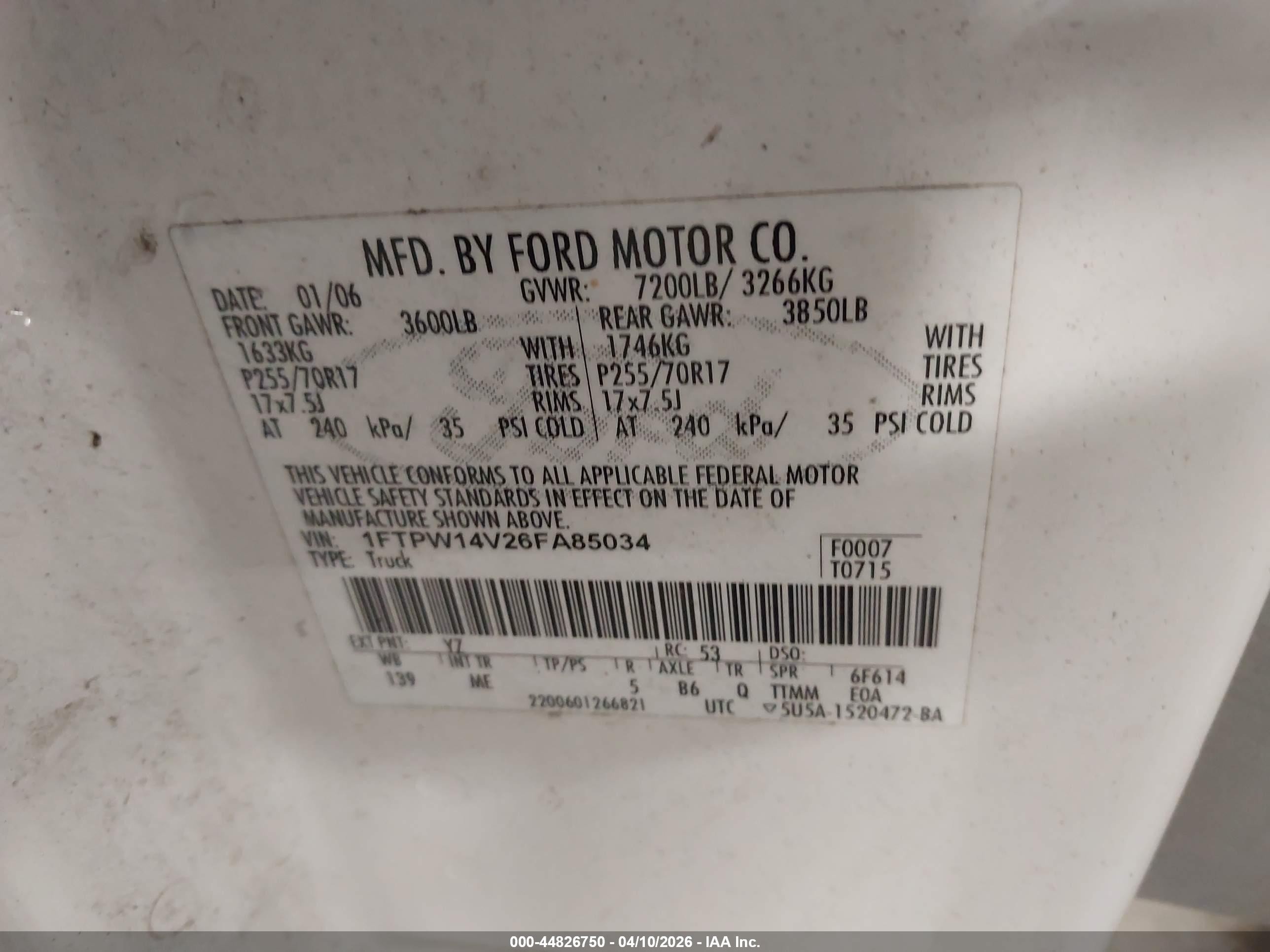 2006 Ford F-150 Fx4/lariat/xlt White vin: 1FTPW14V26FA85034