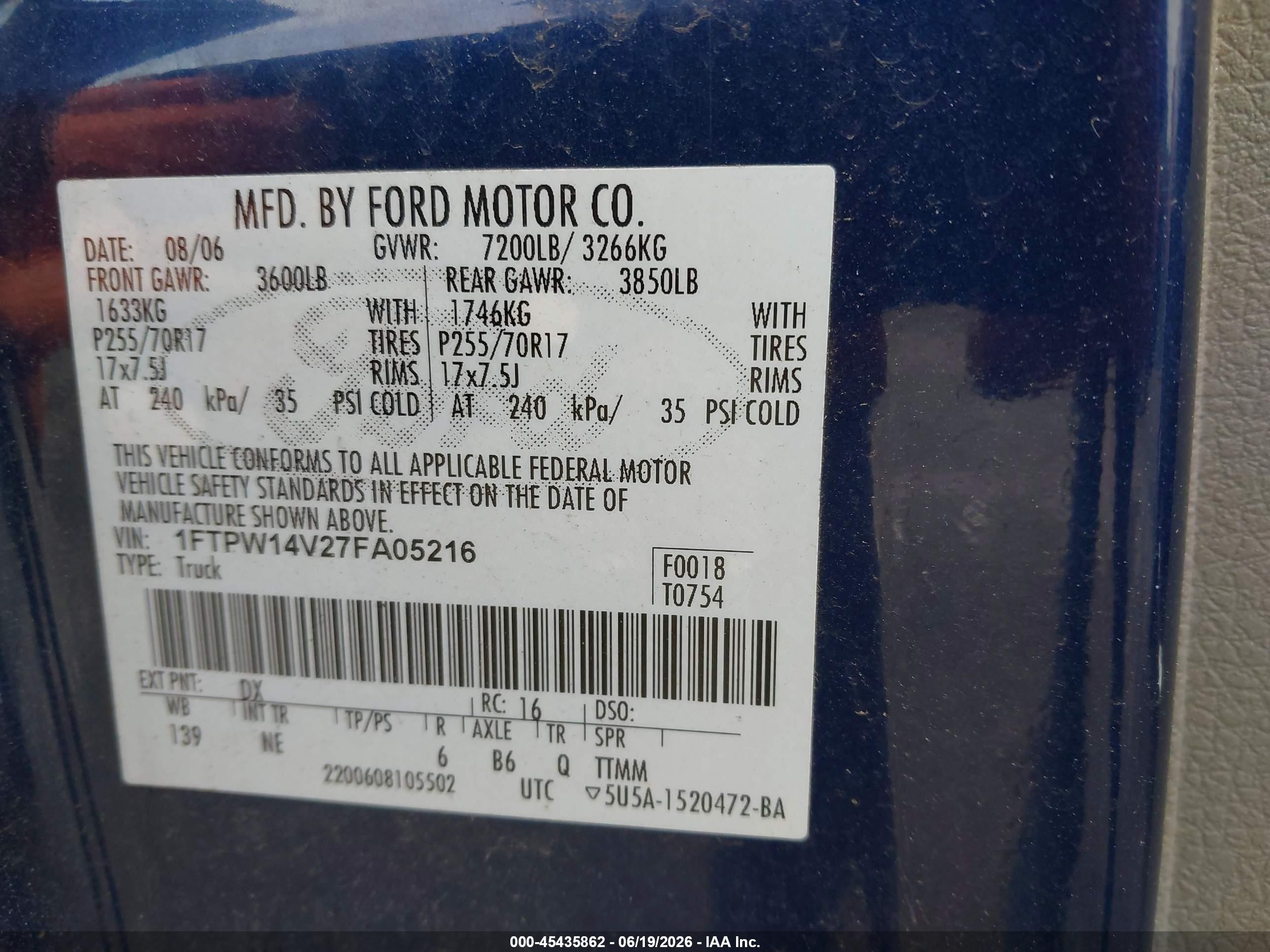 2007 Ford F-150 Fx4/lariat/xlt Blue vin: 1FTPW14V27FA05216