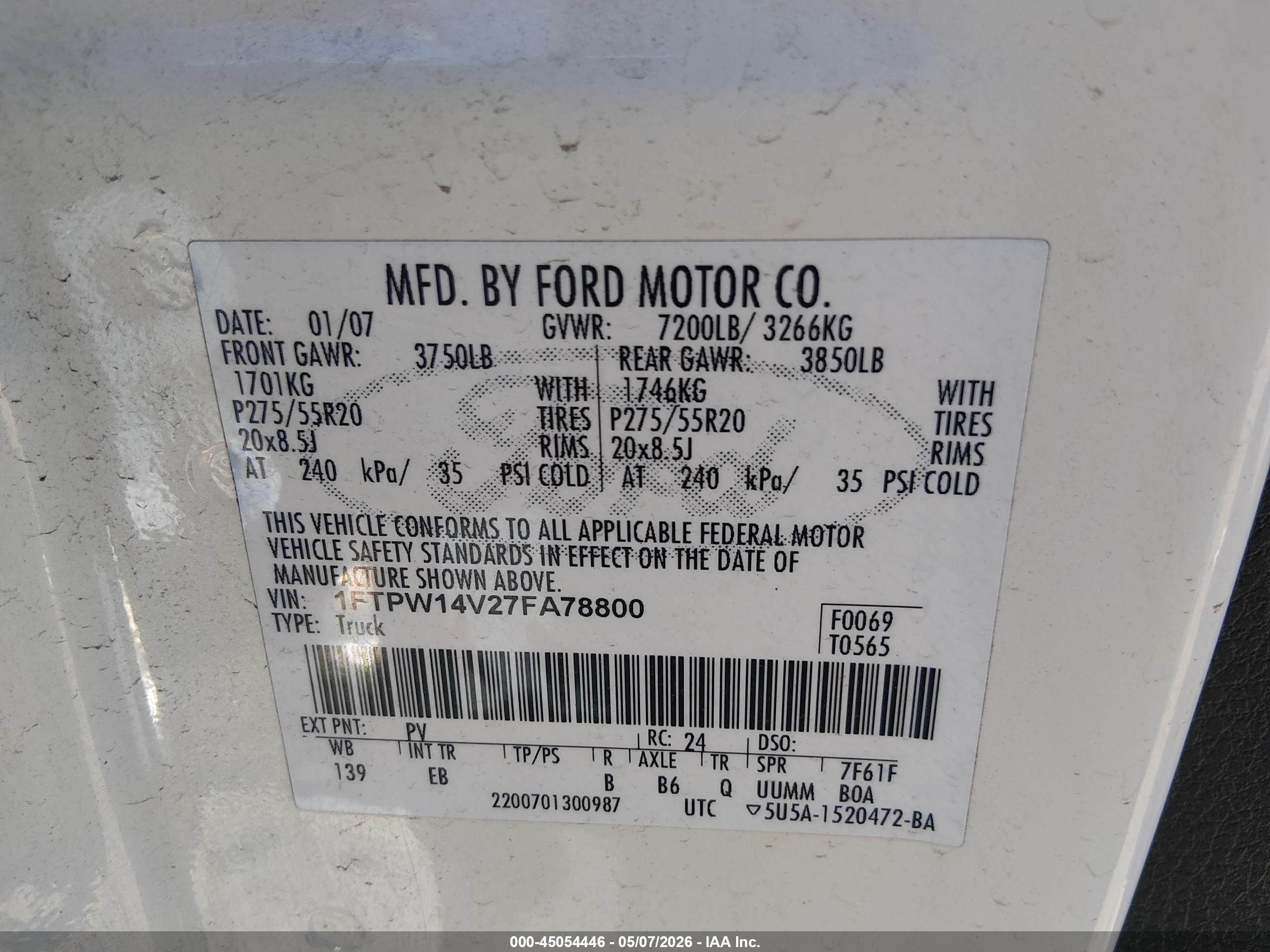 2007 Ford F-150 Fx4/lariat/xlt White vin: 1FTPW14V27FA78800