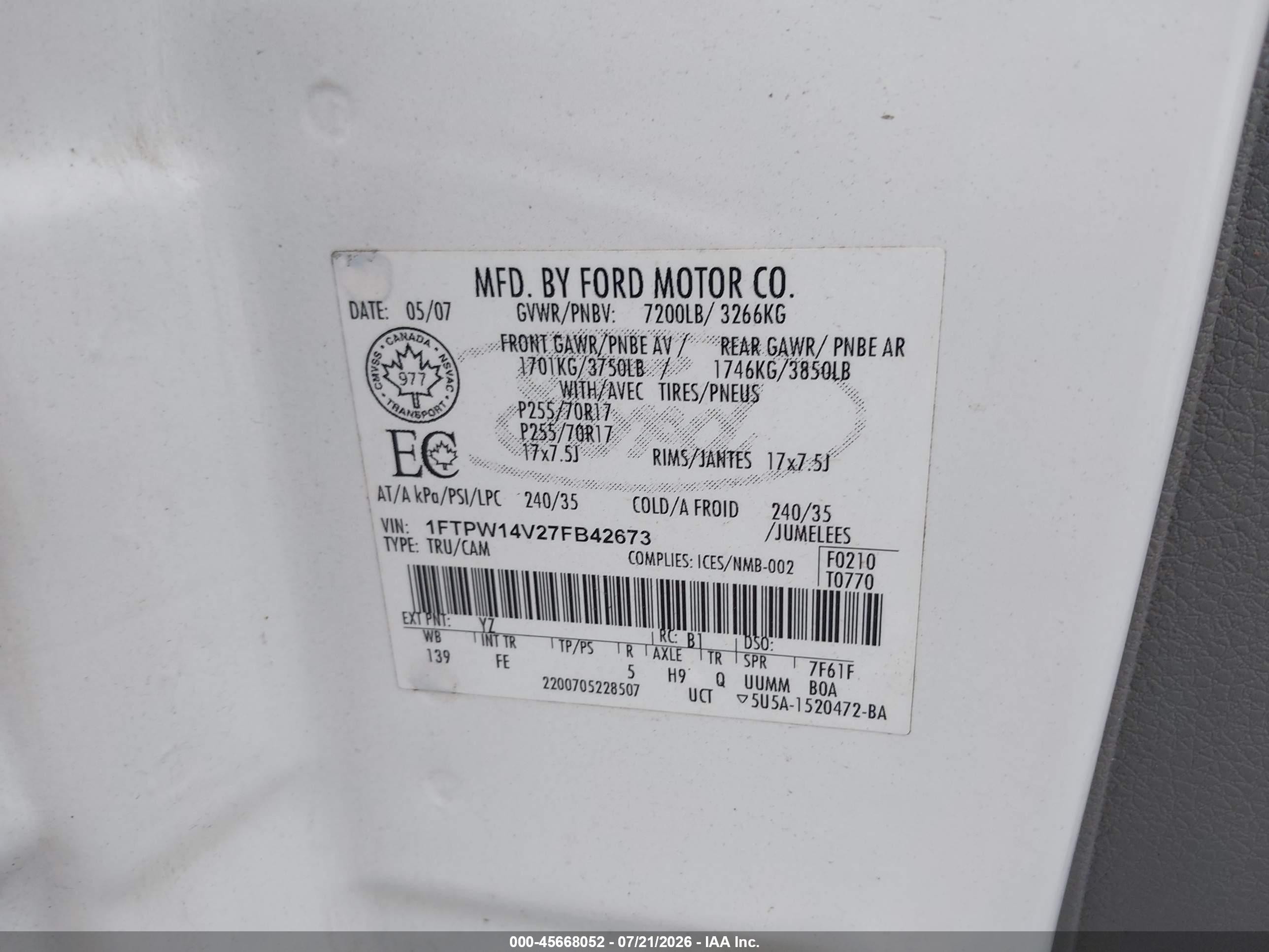 2007 Ford F-150 Fx4/lariat/xlt White vin: 1FTPW14V27FB42673
