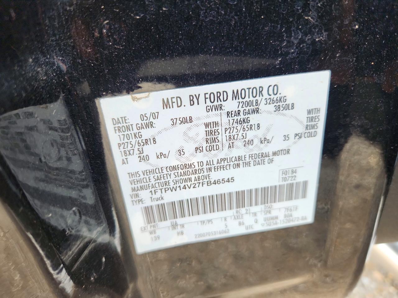 2007 Ford F150 Supercrew Black vin: 1FTPW14V27FB46545