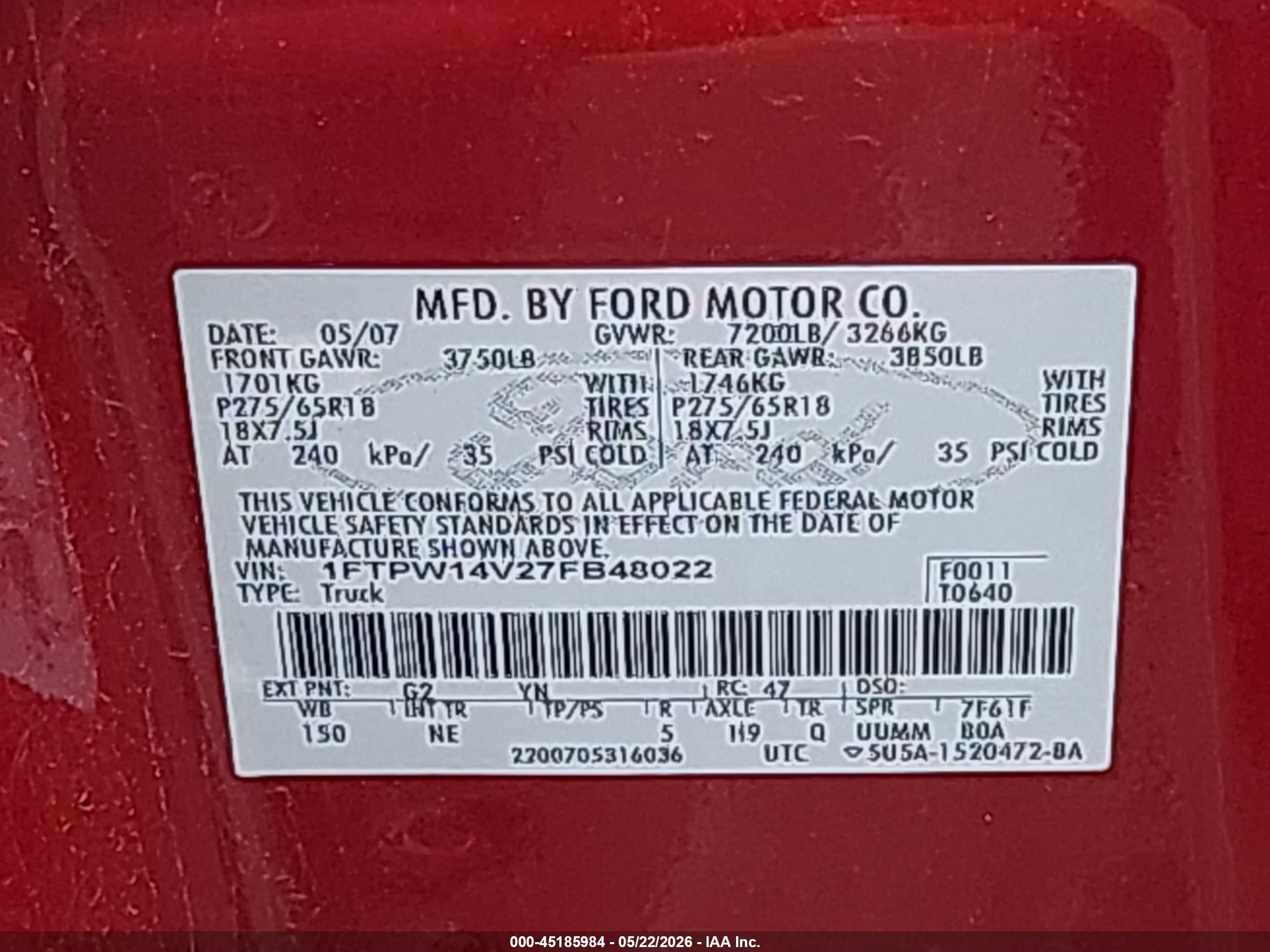 2007 Ford F-150 Fx4/lariat/xlt Red vin: 1FTPW14V27FB48022