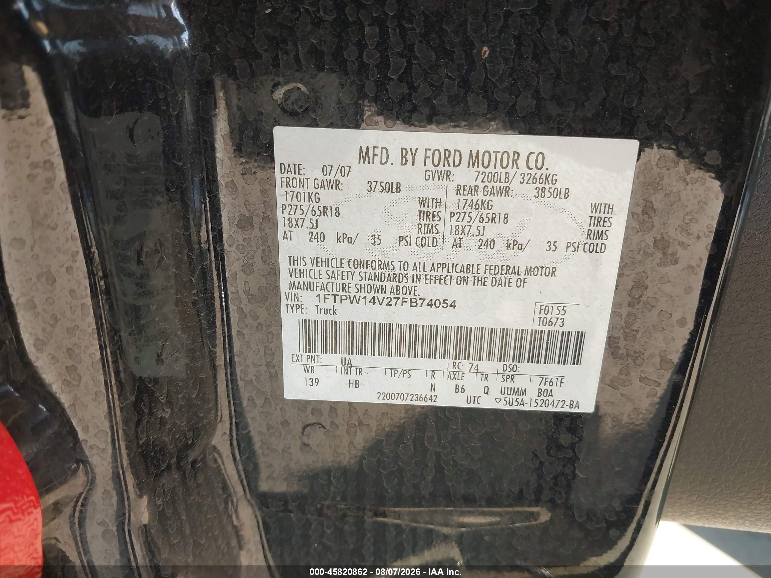 2007 Ford F-150 Fx4/lariat/xlt Black vin: 1FTPW14V27FB74054