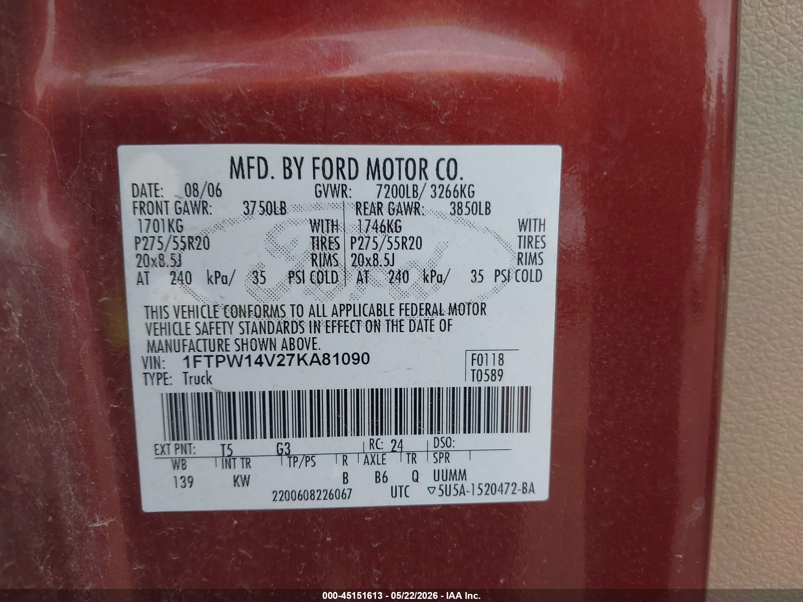 2007 Ford F-150 Fx4/lariat/xlt Maroon vin: 1FTPW14V27KA81090