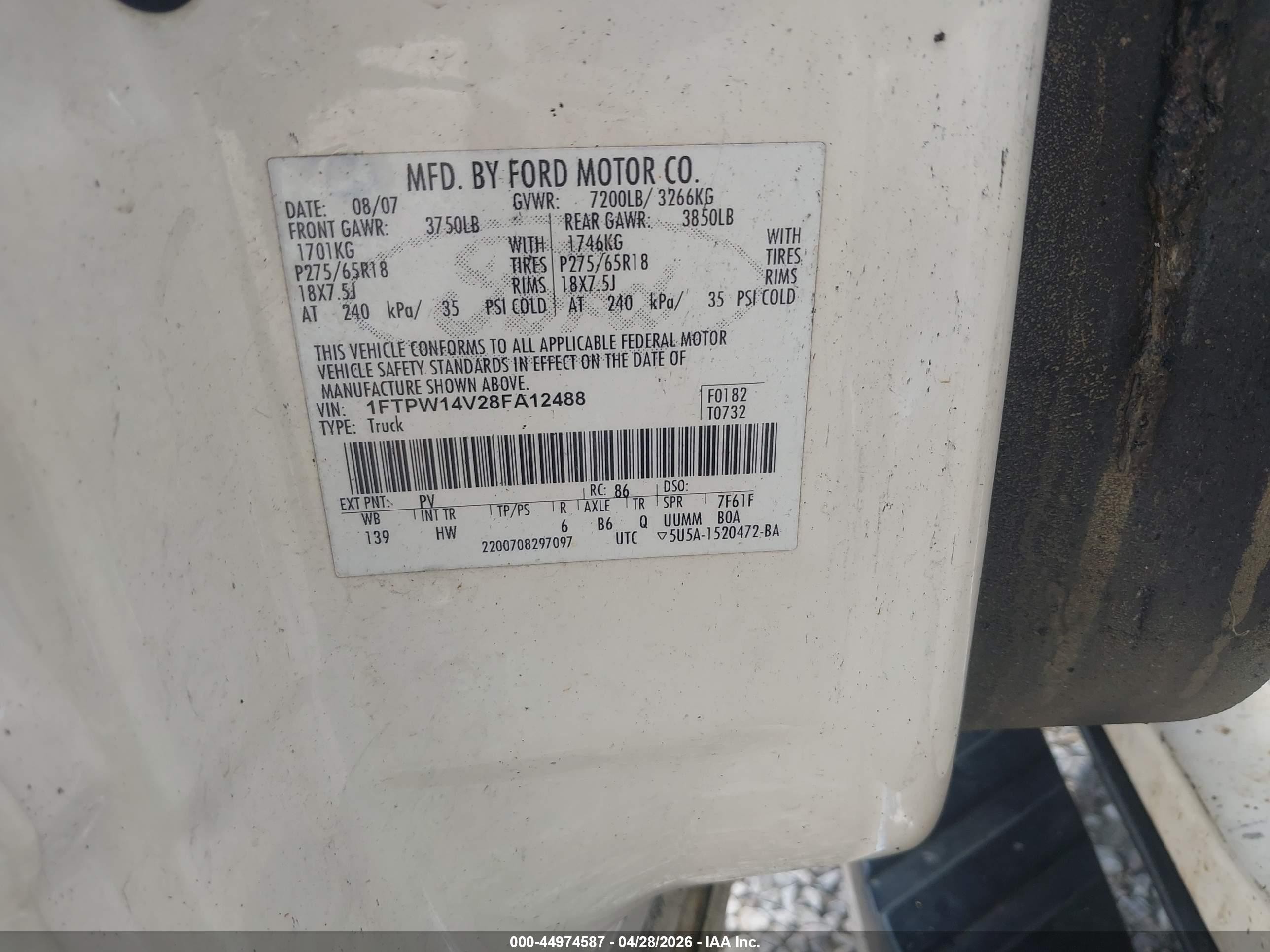 2008 Ford F-150 Lariat White vin: 1FTPW14V28FA12488