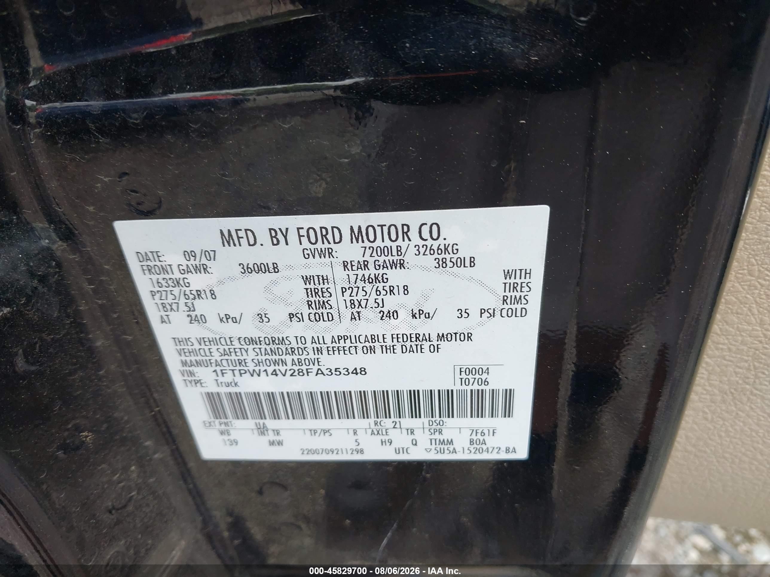 2008 Ford F-150 60th Anniversary/fx4/king Ranch/lariat/xlt Black vin: 1FTPW14V28FA35348