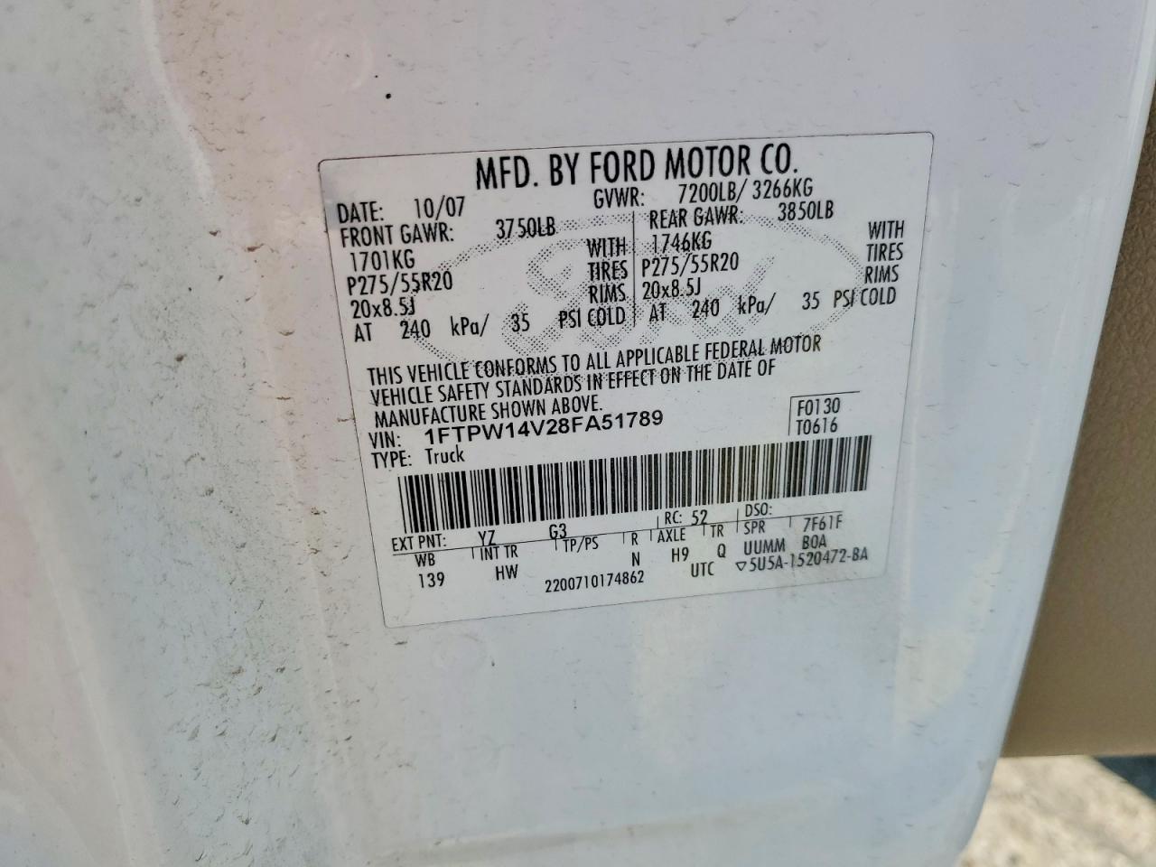 2008 Ford F150 Supercrew White vin: 1FTPW14V28FA51789