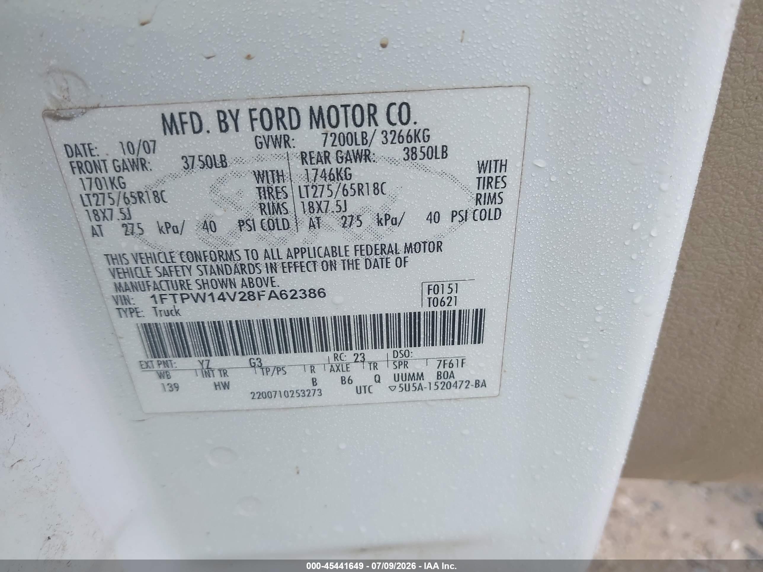 2008 Ford F-150 60th Anniversary/fx4/king Ranch/lariat/xlt White vin: 1FTPW14V28FA62386
