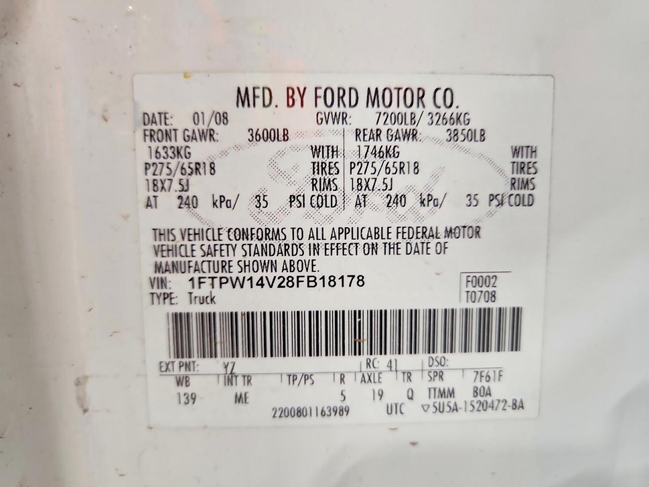 2008 Ford F150 Supercrew White vin: 1FTPW14V28FB18178