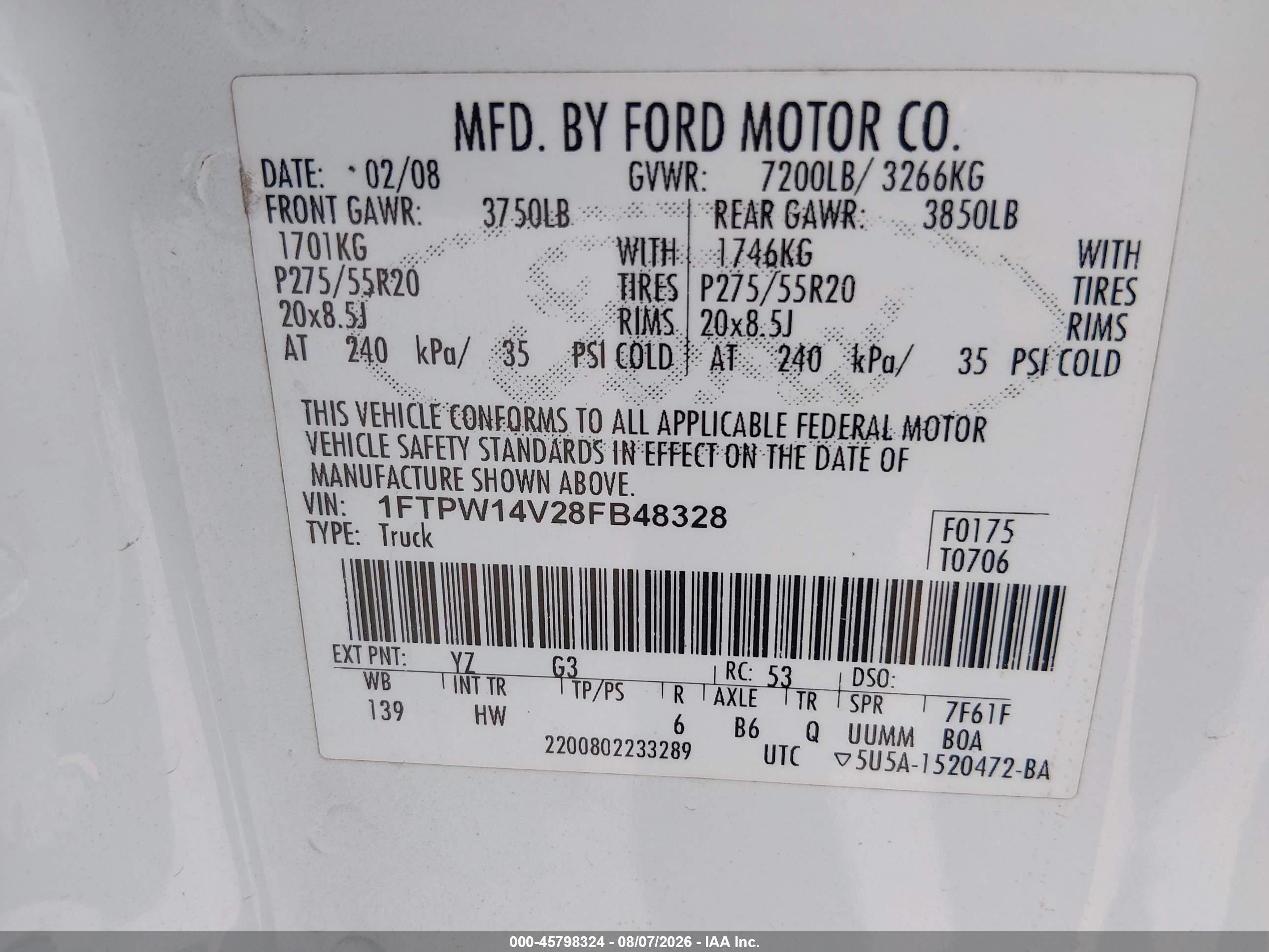 2008 Ford F-150   White vin: 1FTPW14V28FB48328