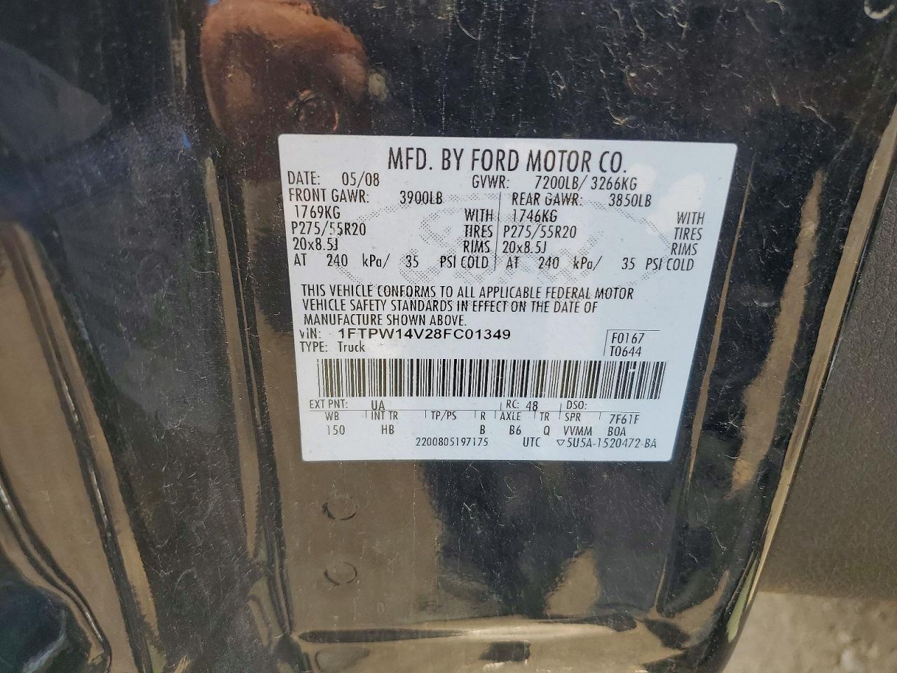2008 Ford F150 Supercrew Black vin: 1FTPW14V28FC01349
