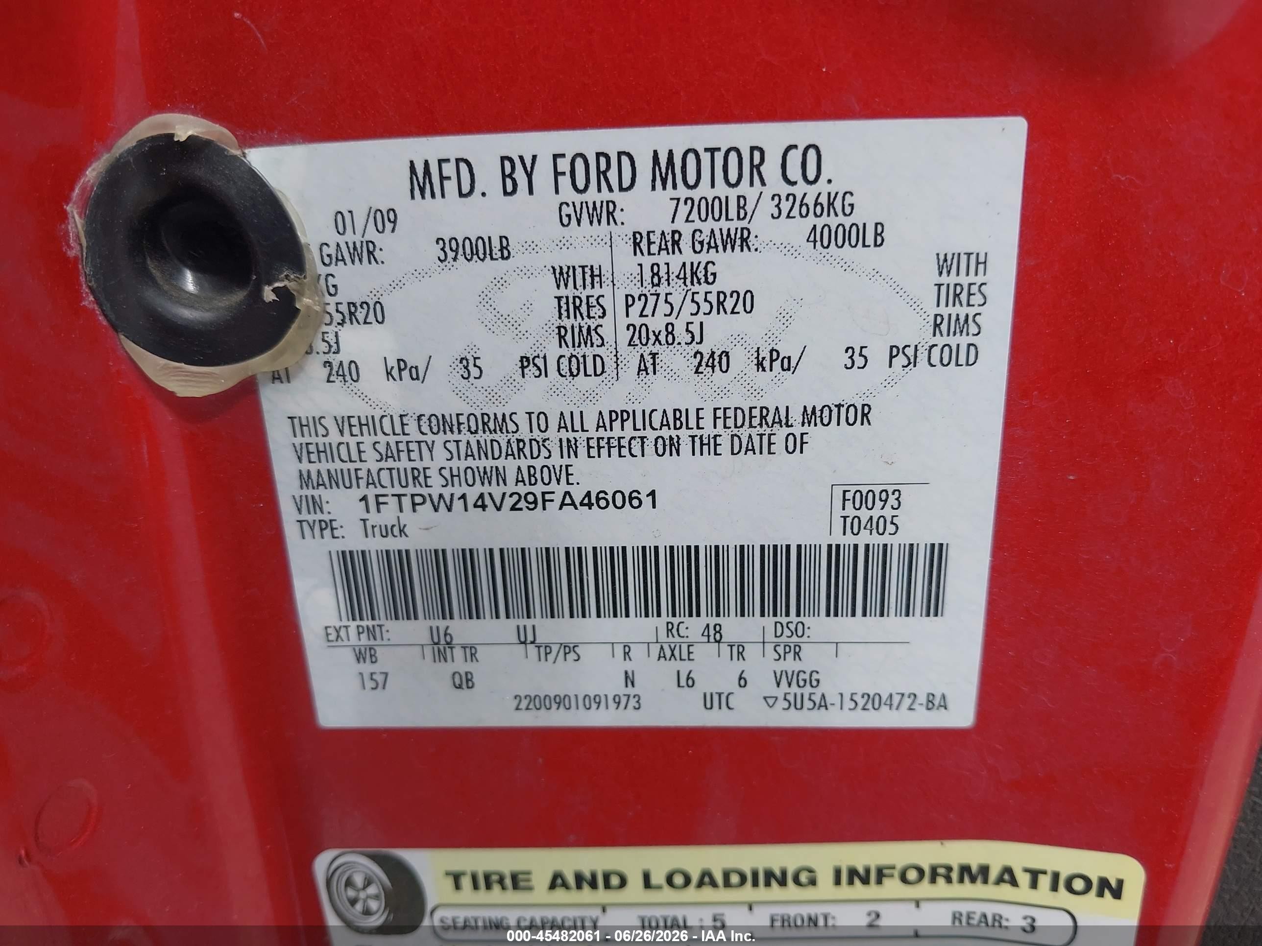 2009 Ford F-150 Fx4/king Ranch/lariat/platinum/xl/xlt Red vin: 1FTPW14V29FA46061