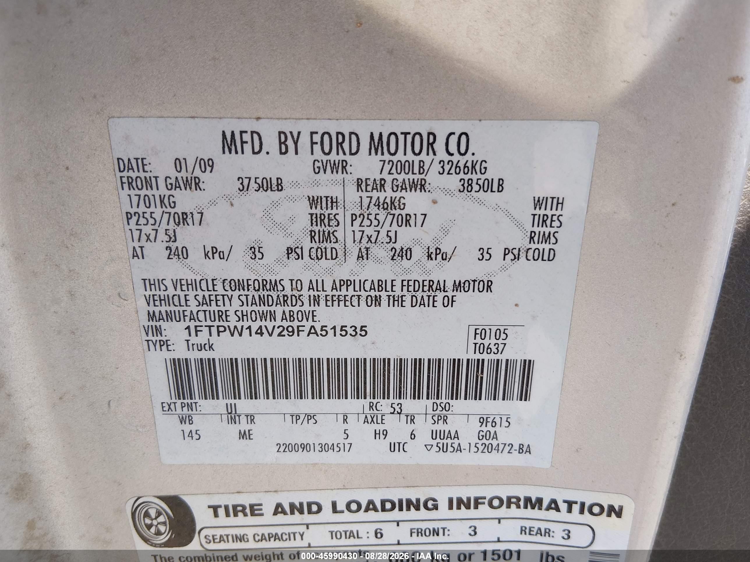 2009 Ford F-150 Fx4/king Ranch/lariat/platinum/xl/xlt Silver vin: 1FTPW14V29FA51535