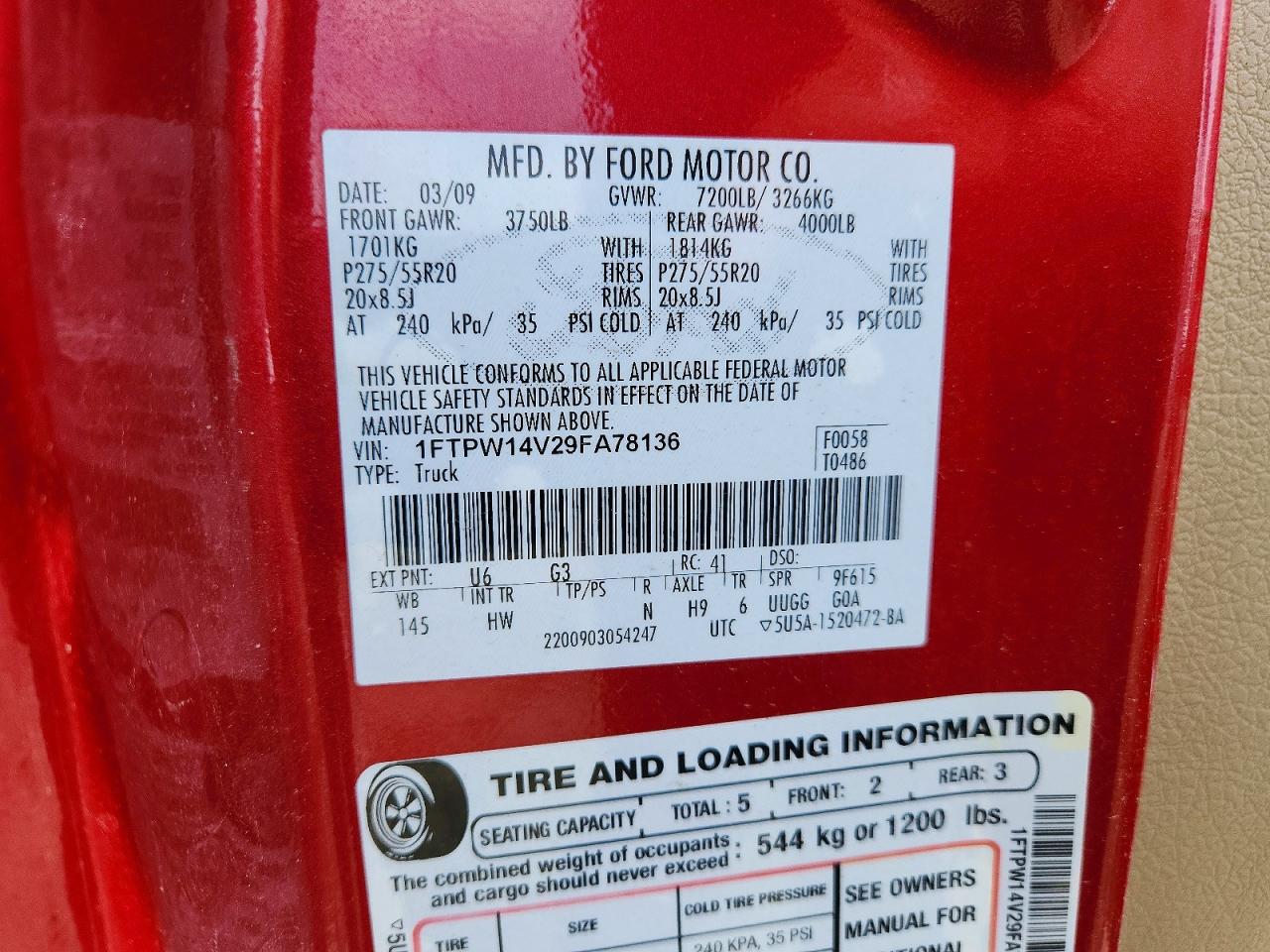 2009 Ford F150 Supercrew Red vin: 1FTPW14V29FA78136