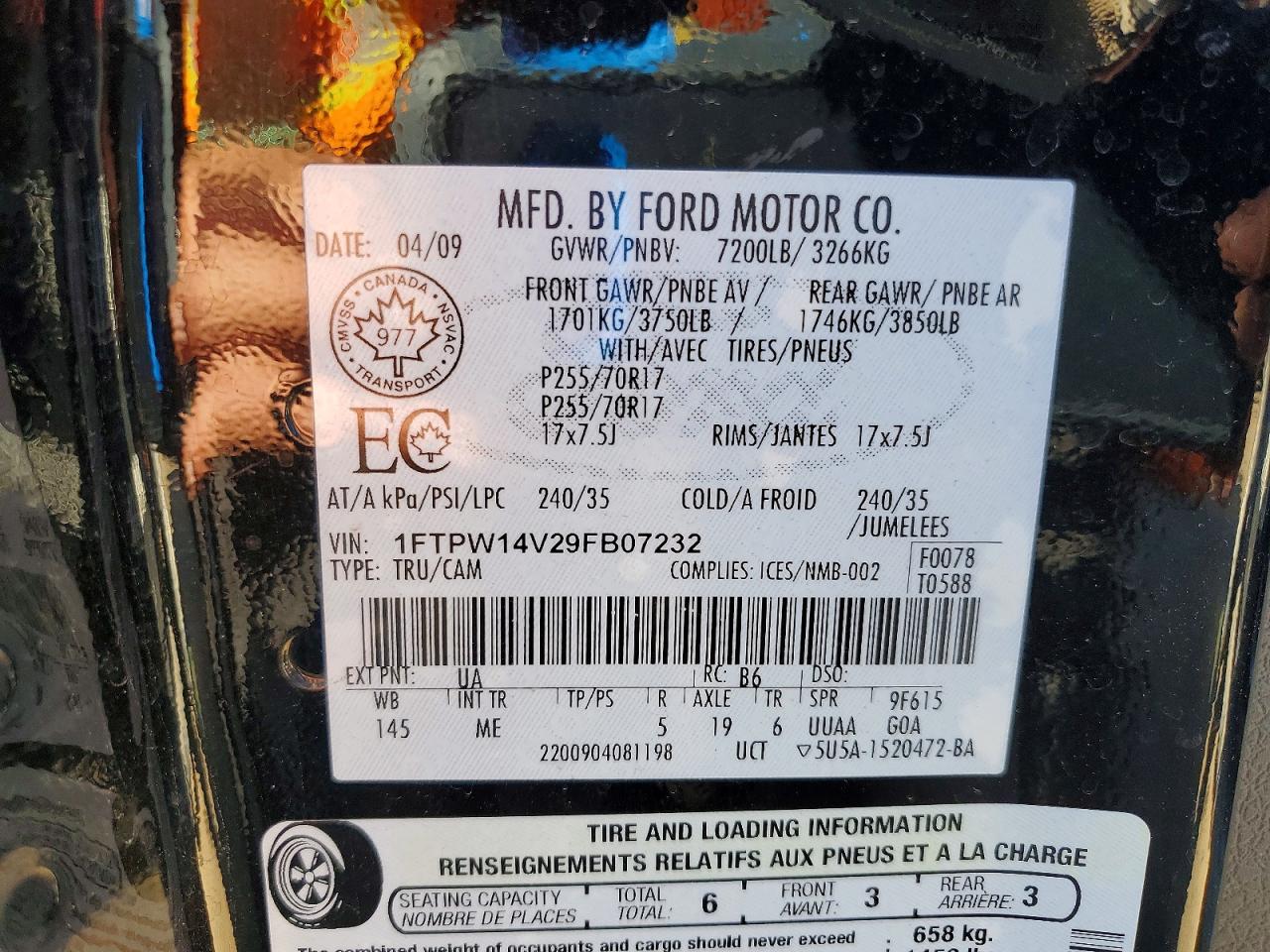 2009 Ford F150 Supercrew Black vin: 1FTPW14V29FB07232